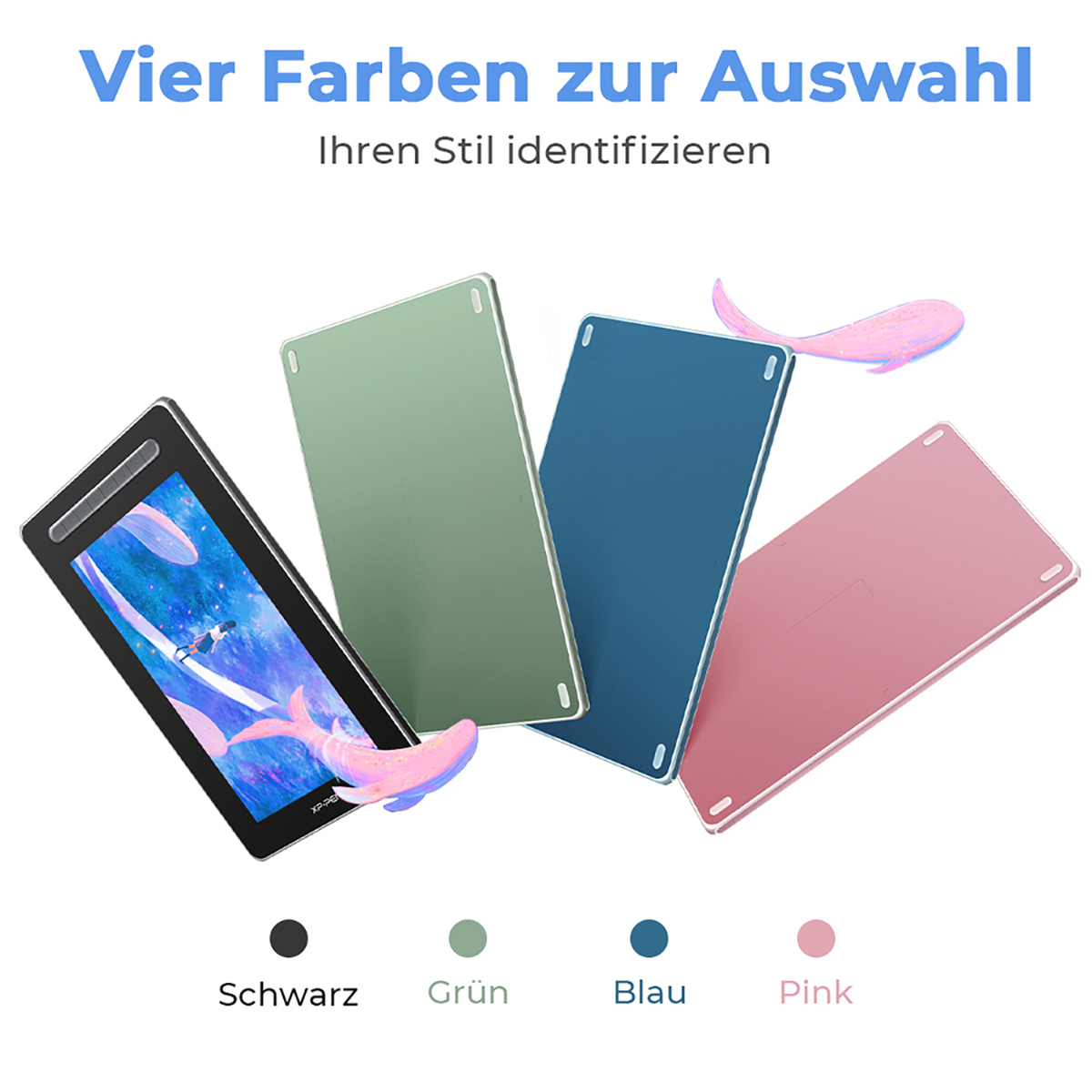Vier Tablets in verschiedenen Farben mit dem Wort für Farbe darunter.