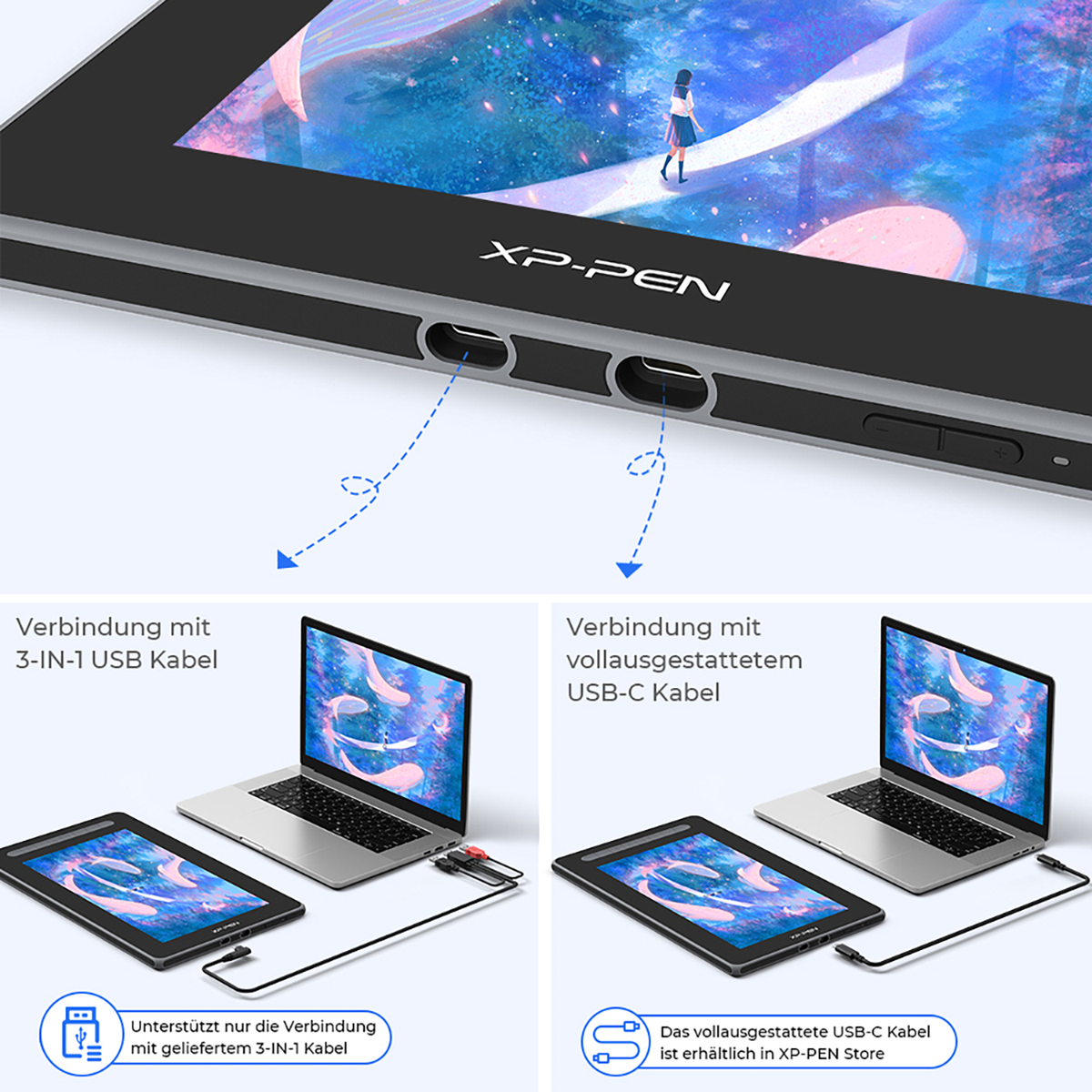 Diagramm eines Tablet/Laptop-Setups. Zeigt Anschlussoptionen mit USB-Kabeln.