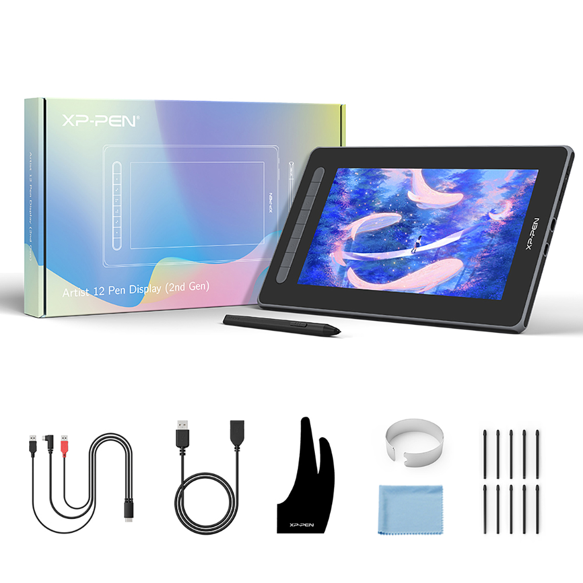 Eine XP-PEN Stiftdisplay-Box und Zubehör, einschließlich Tablet und Stift.