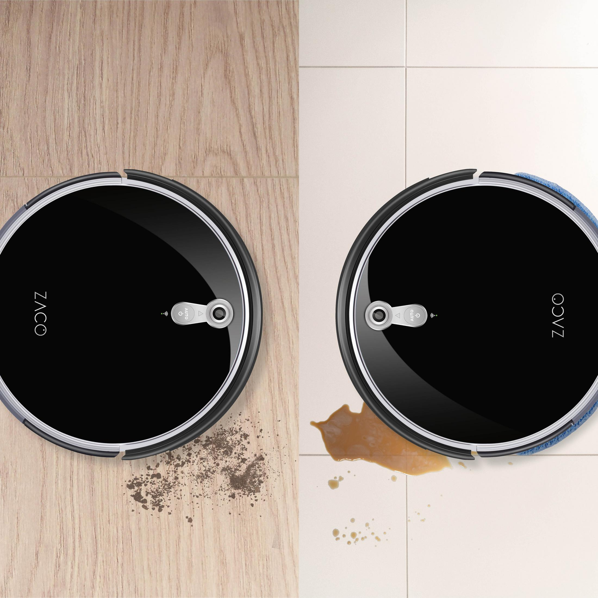 Zwei Roboter-Staubsauger, einer auf Holz und einer auf Fliesen. Jeder mit Logo.
