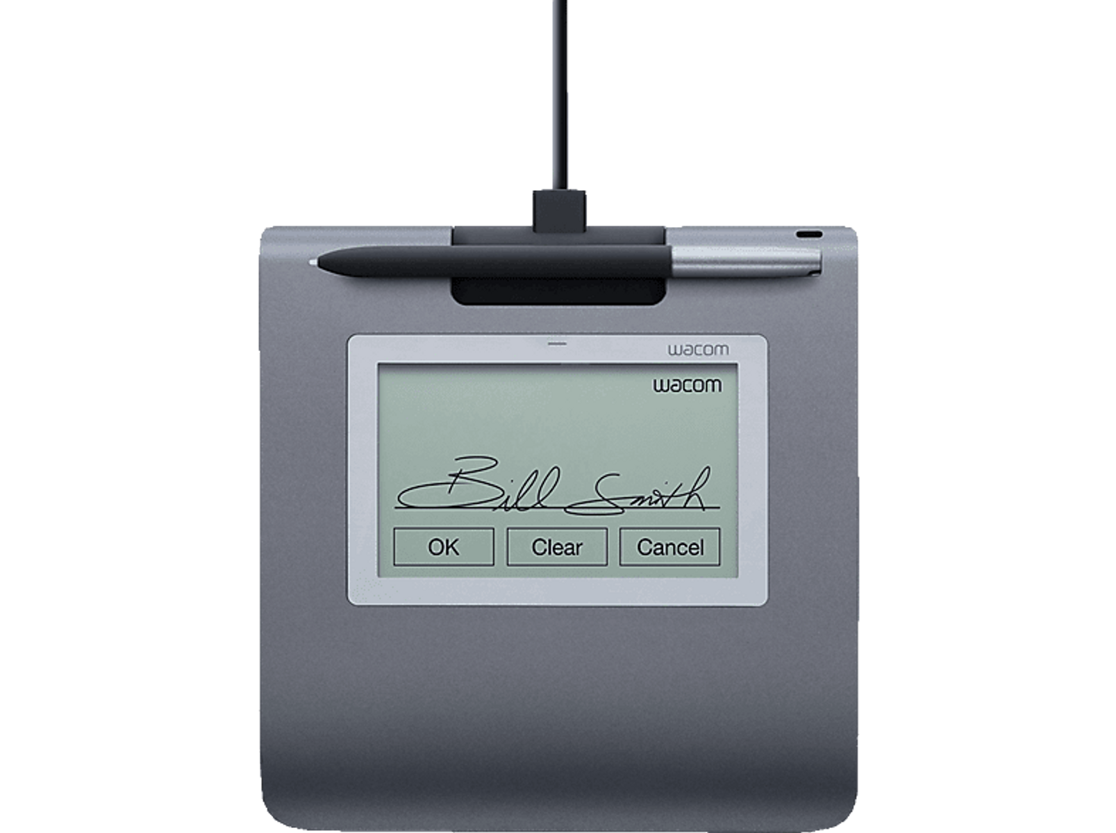 Graues Wacom-Signaturpad mit Stift. Das Pad zeigt eine Unterschrift und Steuertasten.