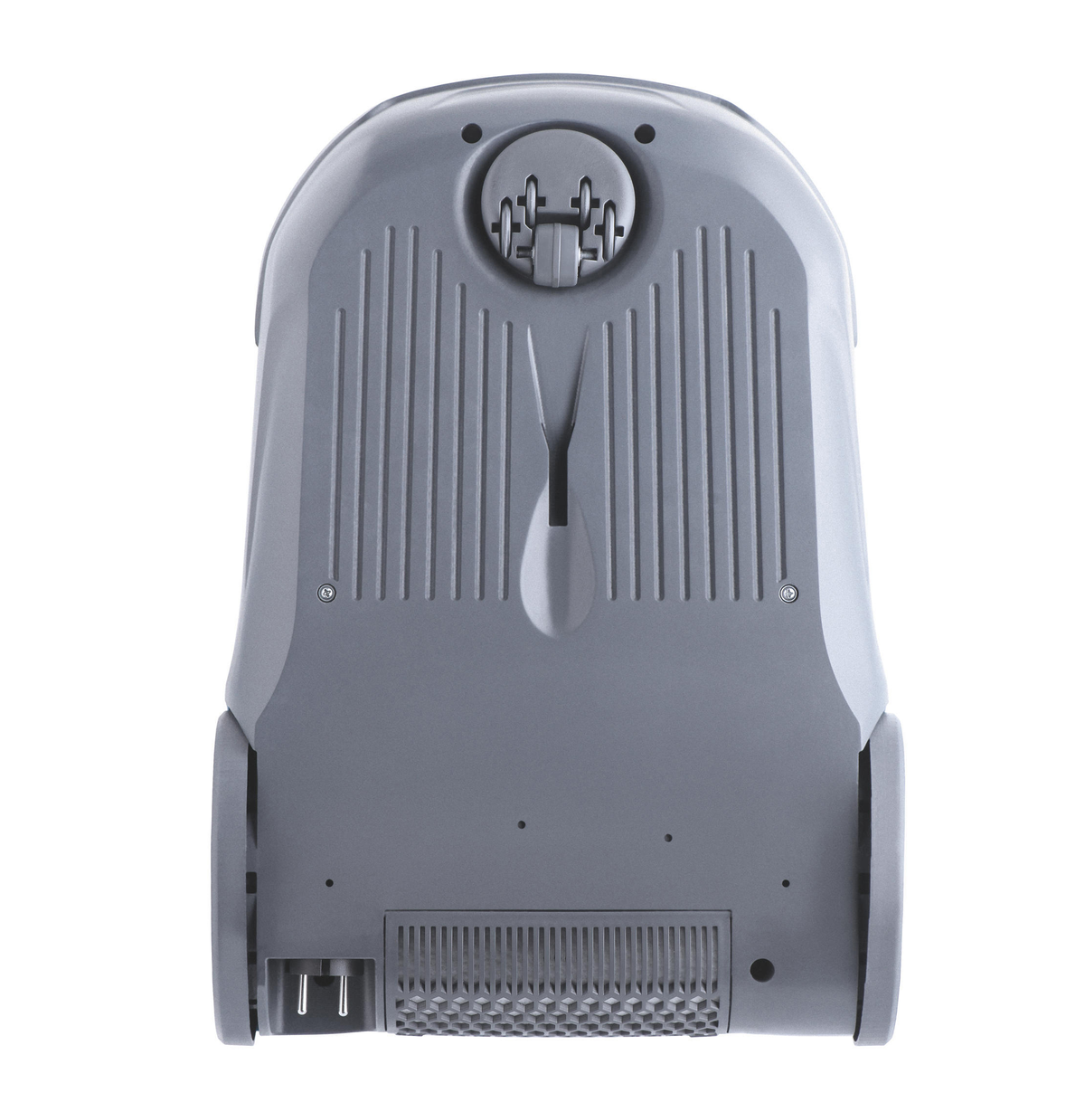 Spód szarego odkurzacza, pokazujący koła, otwory wentylacyjne i obszar uchwytu.