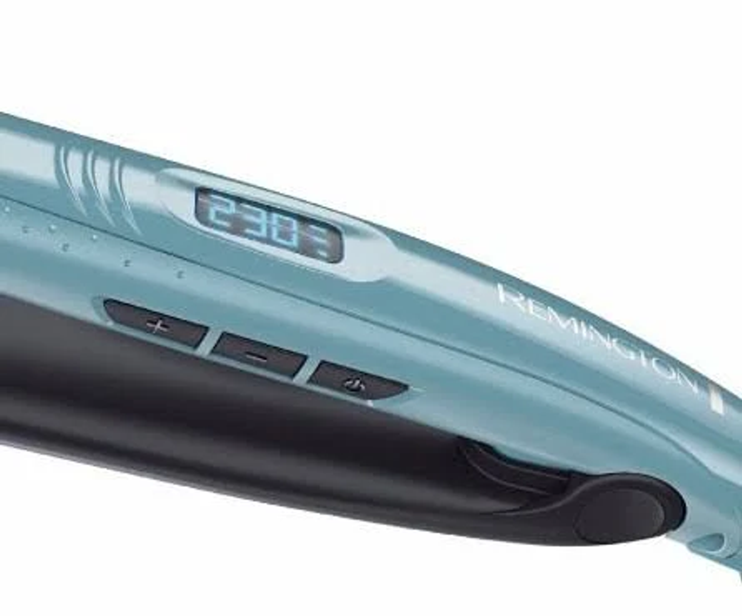 Zbliżenie turkusowej prostownicy pokazujące cyfrowy odczyt temperatury 230.