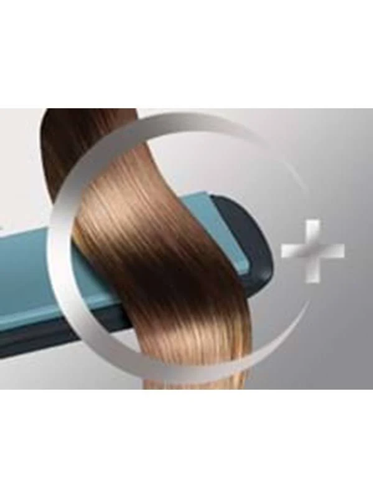 Prostownica do włosów z sekcją wyprostowanych włosów, ze znakiem plus i srebrnym łukiem.