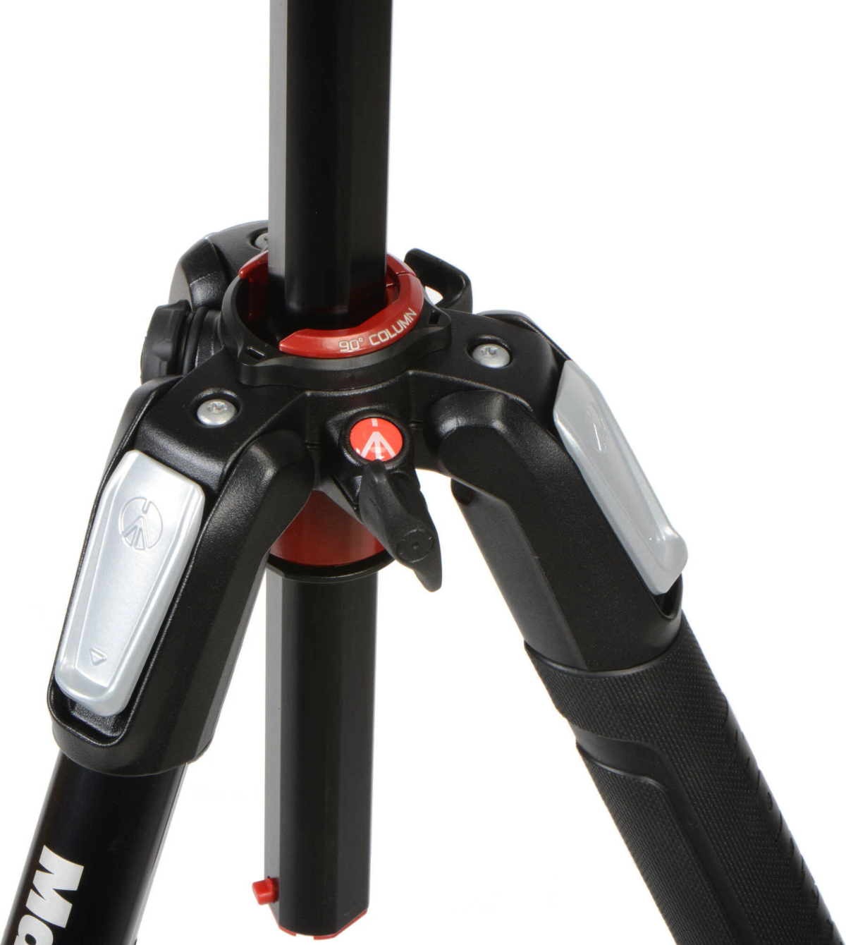 Podstawa statywu, czarna ze srebrnymi detalami, czerwony pierścień, zbliżenie.