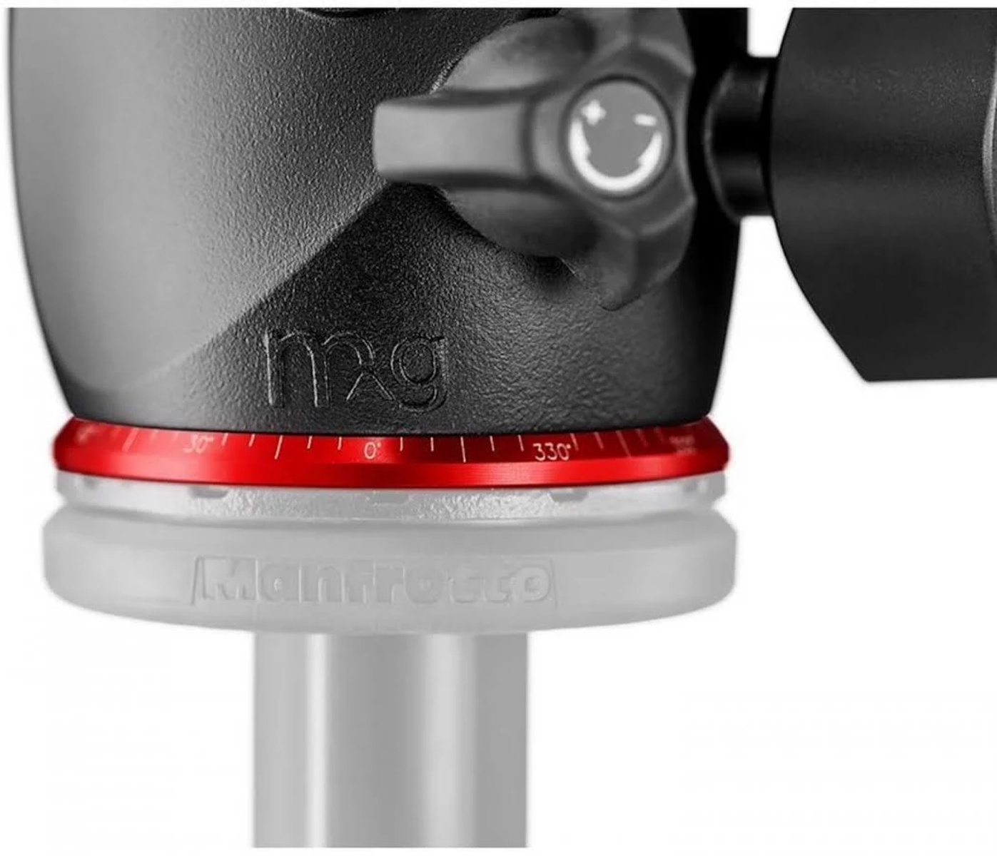 Zbliżenie głowicy statywu Manfrotto, czarno-czerwona, z szarą podstawą. Ciemne tło.