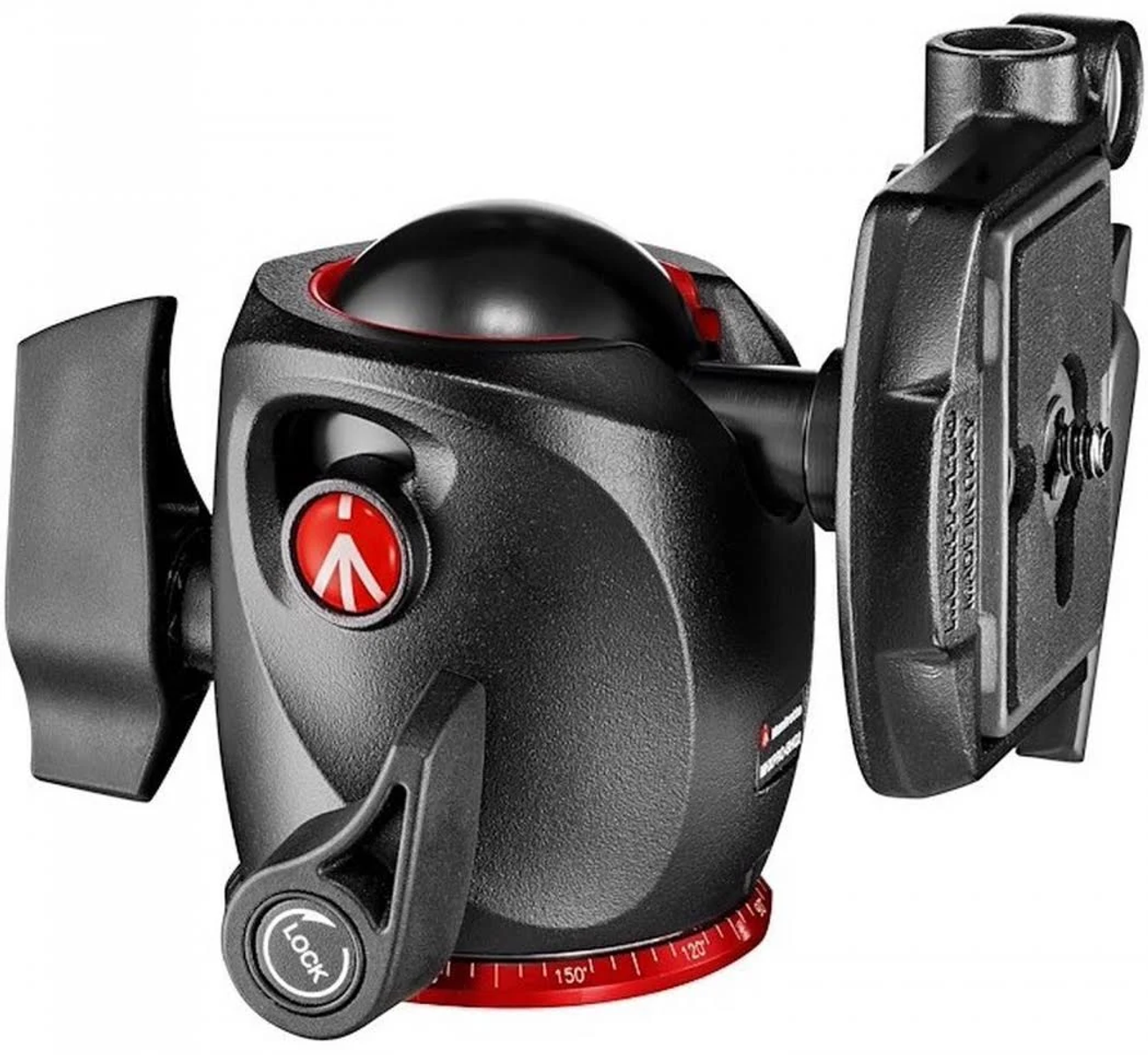 Czarna głowica statywu z czerwonymi akcentami. Posiada blokadę i płytkę.