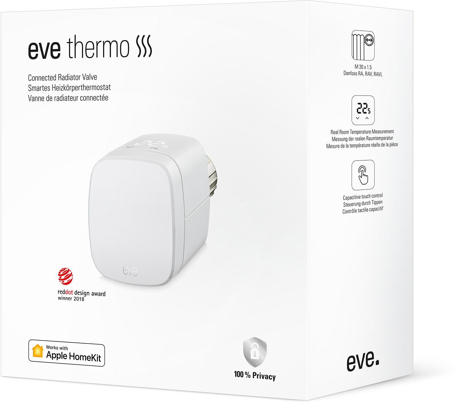 Weiße Eve-Thermostat-Box mit Produktdetails. Weißer Hintergrund.