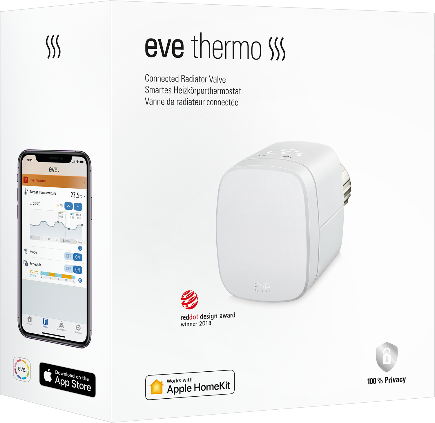 Weiße Box mit 'eve thermo'-Text und einem intelligenten Heizkörperventil. Telefonbildschirm zeigt App-Oberfläche.