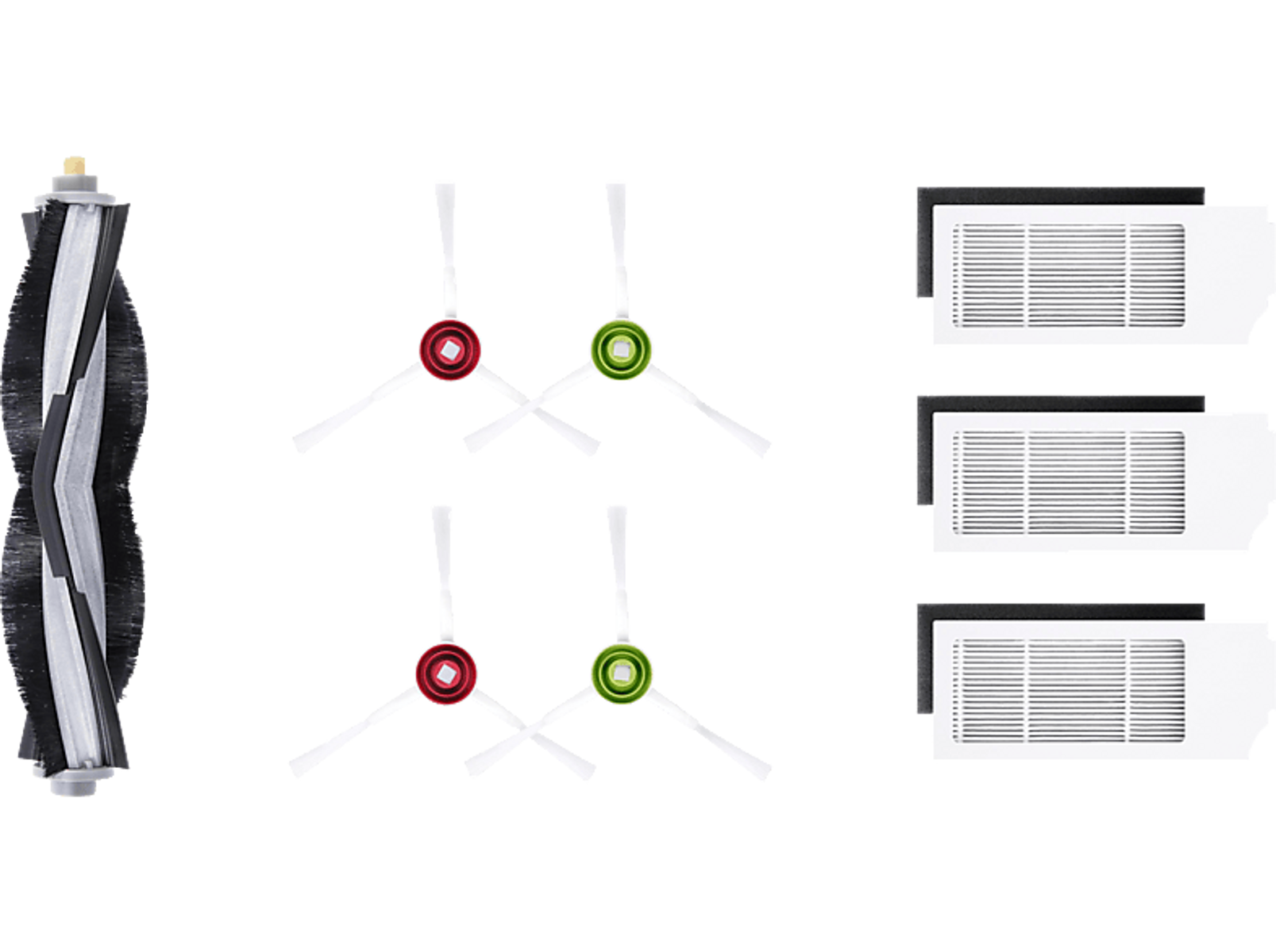 Roboter-Staubsaugerteile: Bürstenrolle, Seitenbürsten (2 rot, 2 grün) und drei Filter.