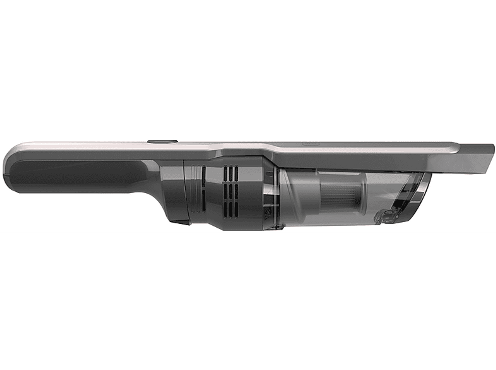 Handheld vacuum cleaner. Gray and black. Side view. Transparent dust compartment.