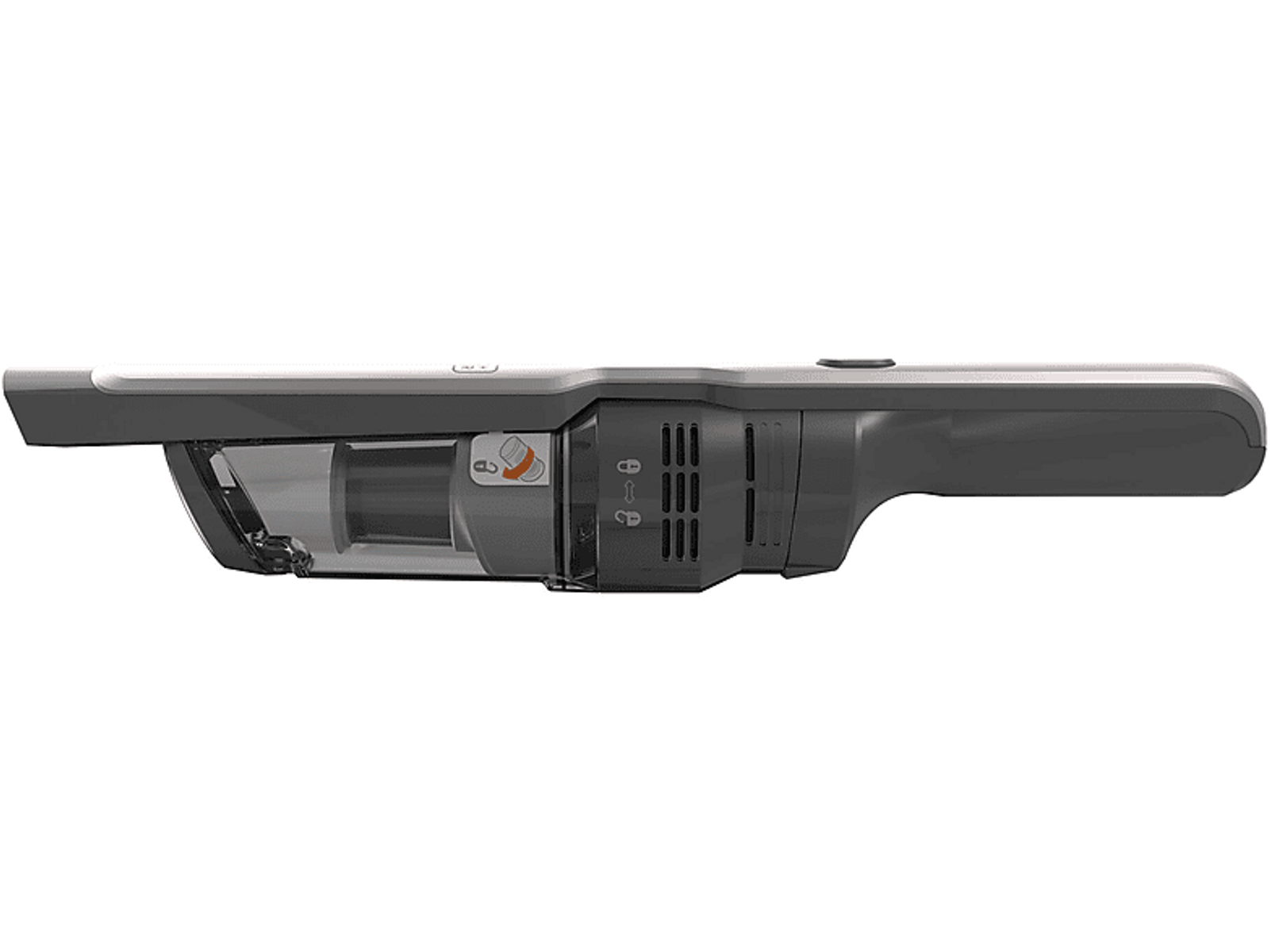 A handheld vacuum cleaner, dark gray and white, seen from the side. It has a clear dust container.