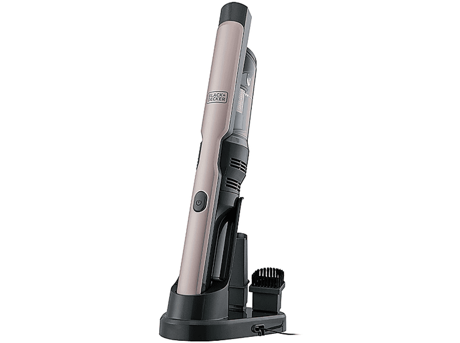 Cordless handheld vacuum cleaner in a charging station.  It has a rose gold and black color scheme.