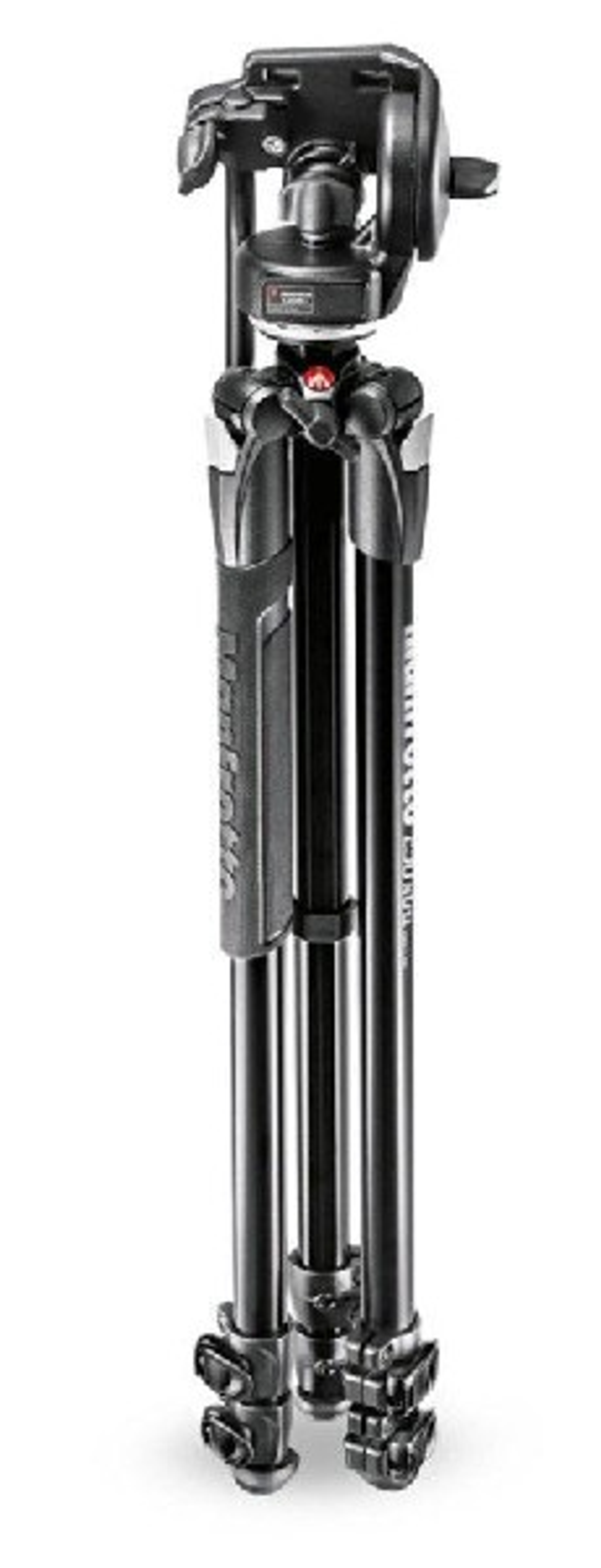 Czarny i srebrny statyw na białej powierzchni. Ma logo Manfrotto.
