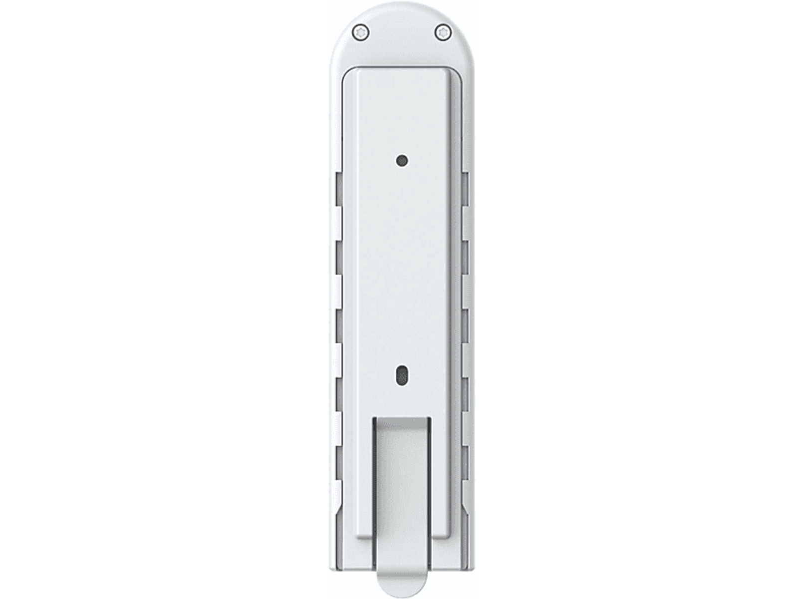 Biały uchwyt ścienny, widok z tyłu. Ma prostokątny kształt z kilkoma małymi otworami i haczykiem.