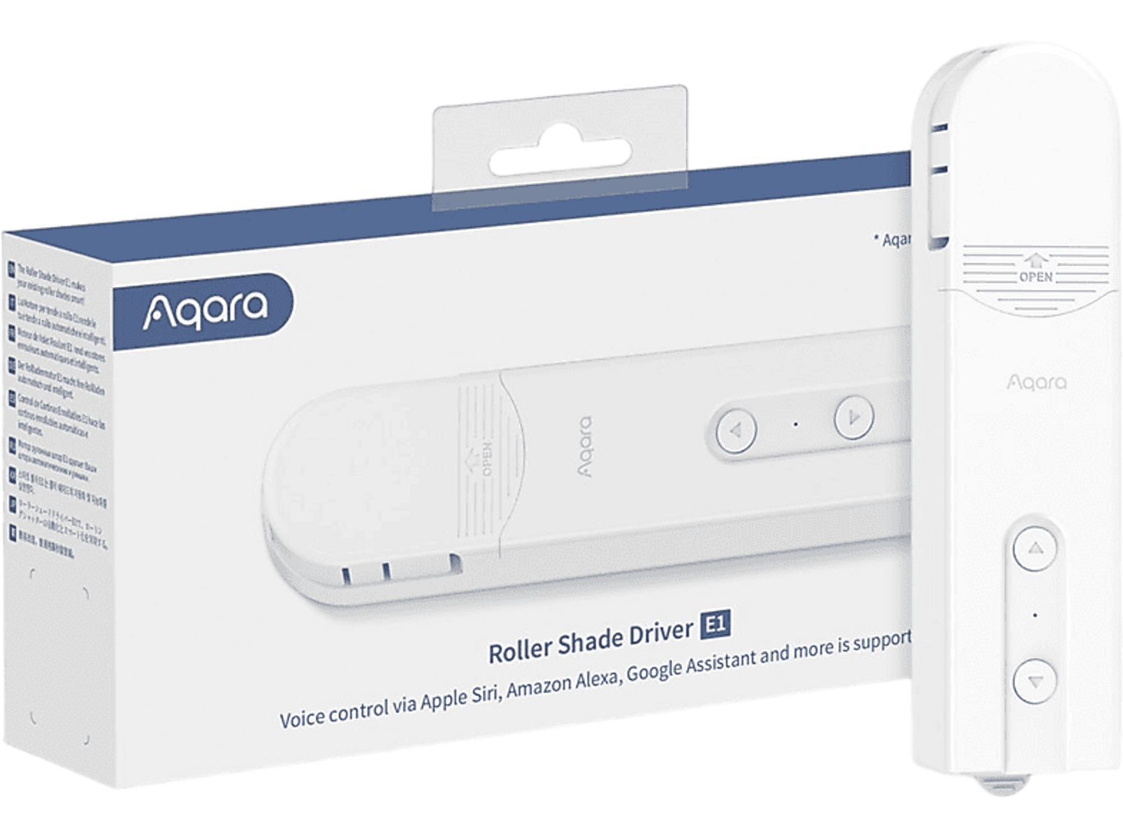 Biały sterownik do rolet i jego opakowanie. Urządzenie jest oznaczone tekstem i przyciskami.