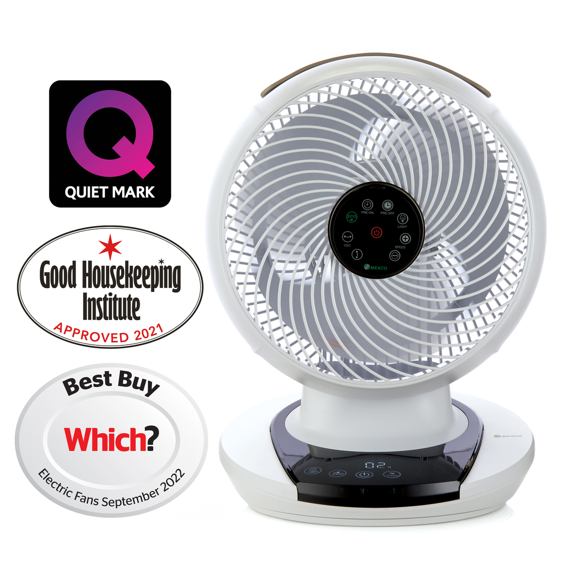 Biało-szary wentylator z logo, czarnym panelem sterowania. Białe tło.