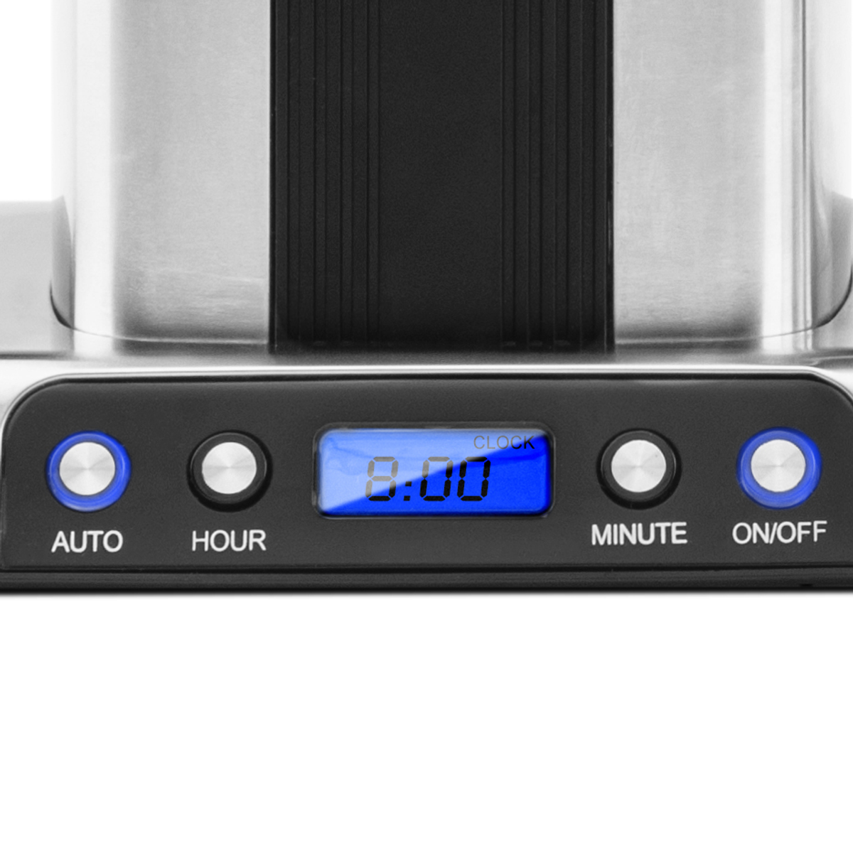 Zbliżenie ekranu urządzenia z wyświetlaczem zegara i przyciskami. Białe tło.