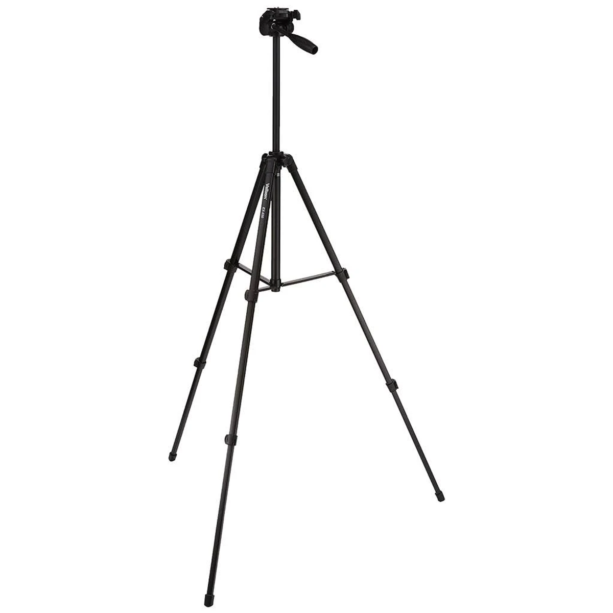 Black tripod with a head for a camera. It is on a white background.