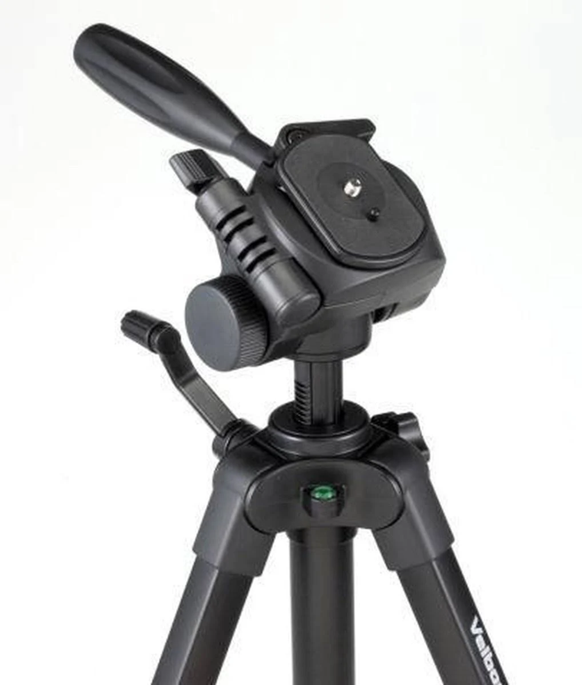 Black tripod with a head. It has three legs and a handle on top. The head is black.