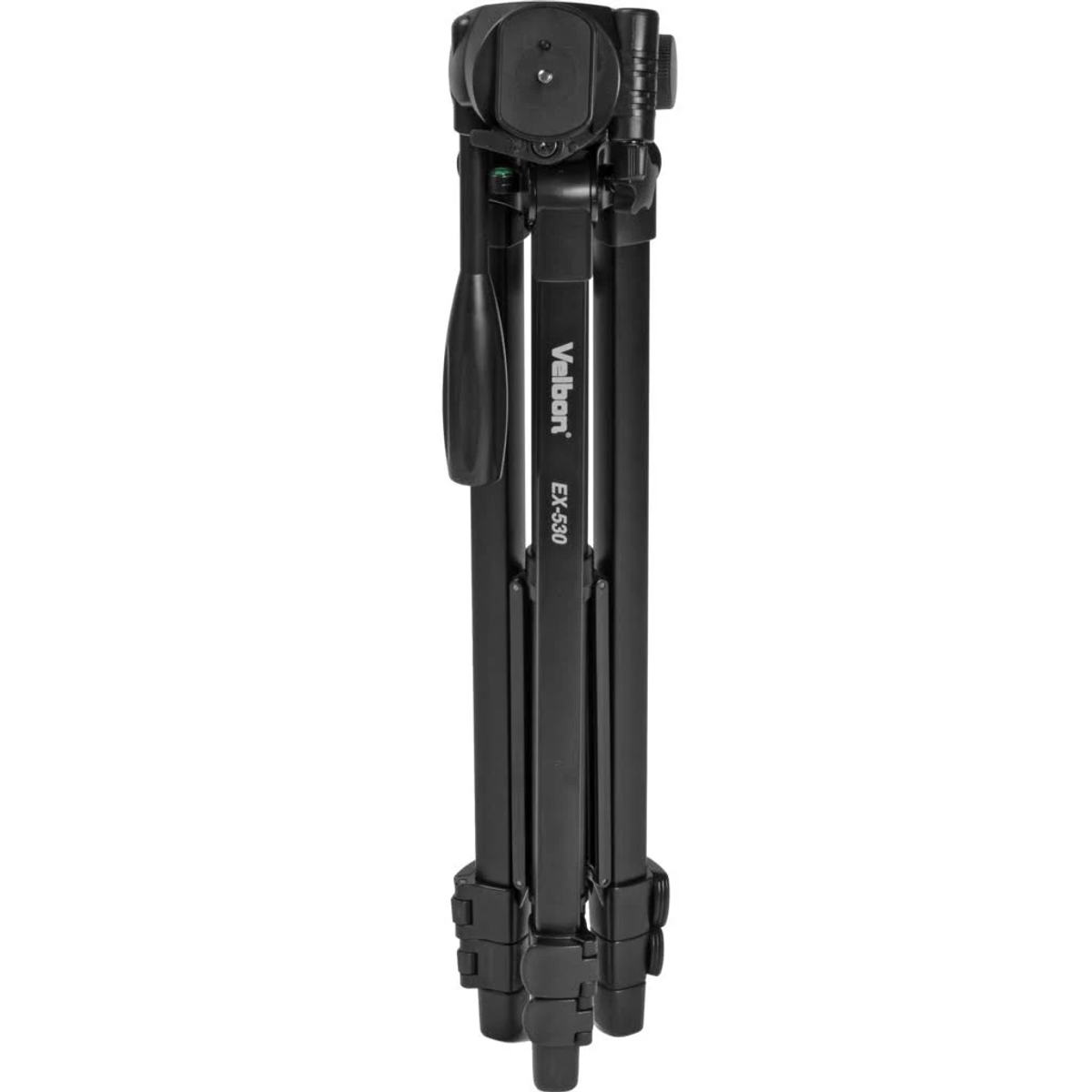 Closed black tripod. Brand name Velbon, model EX-530. Legs folded. Top has a camera mount.