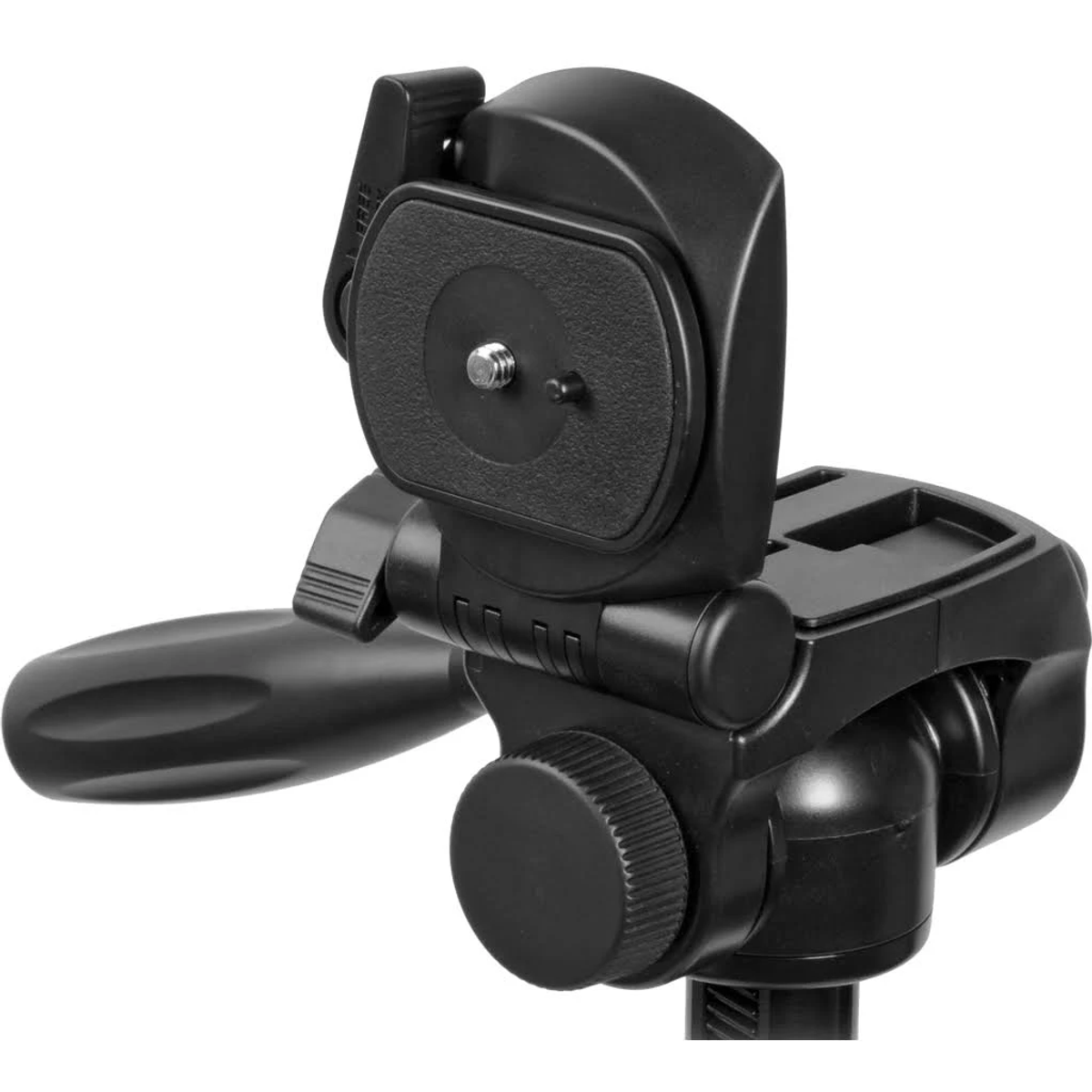 Black tripod head with plate, handle, and adjustment knobs.