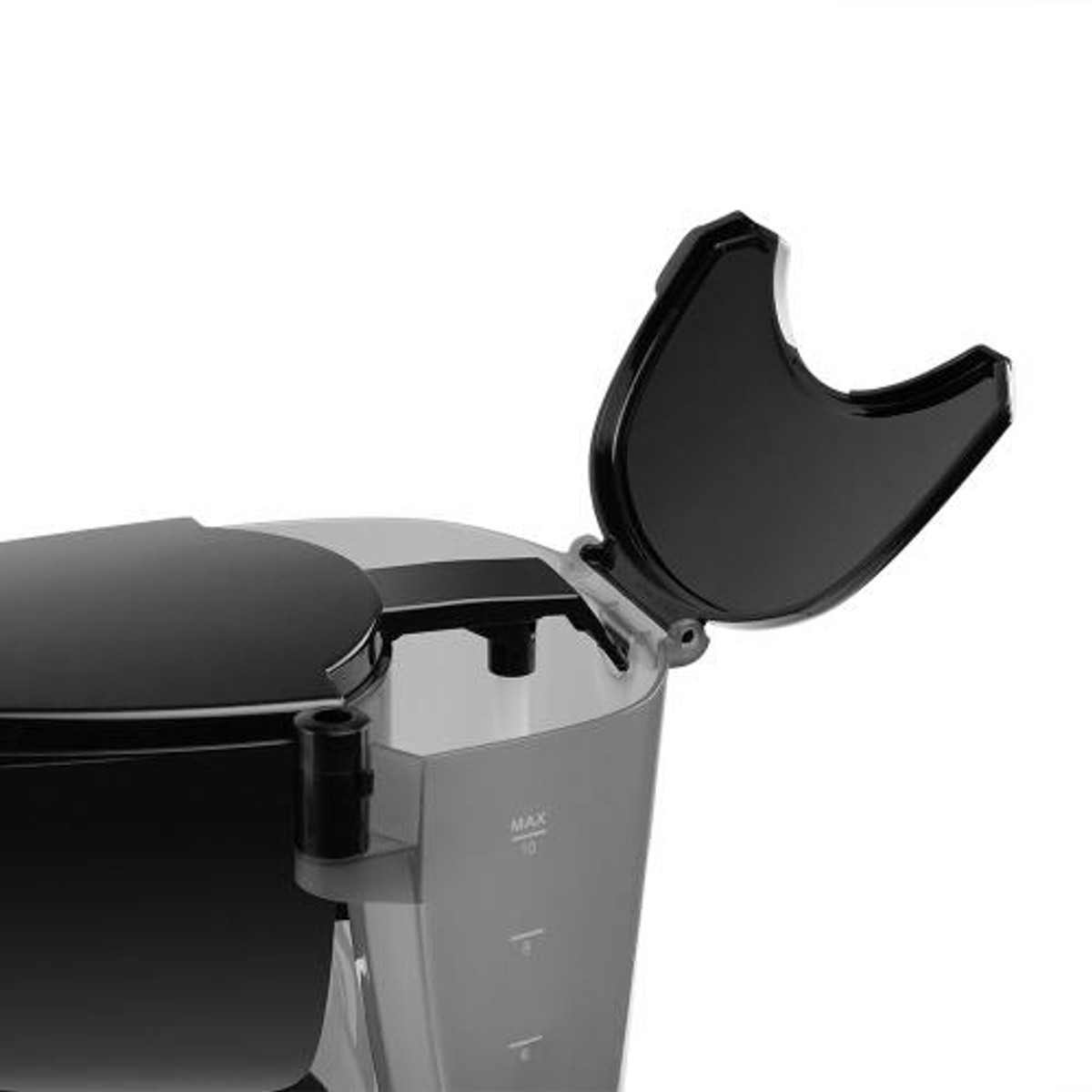 Element ekspresu do kawy, czarny i szary. Otwarta pokrywa odsłaniająca wnętrze.