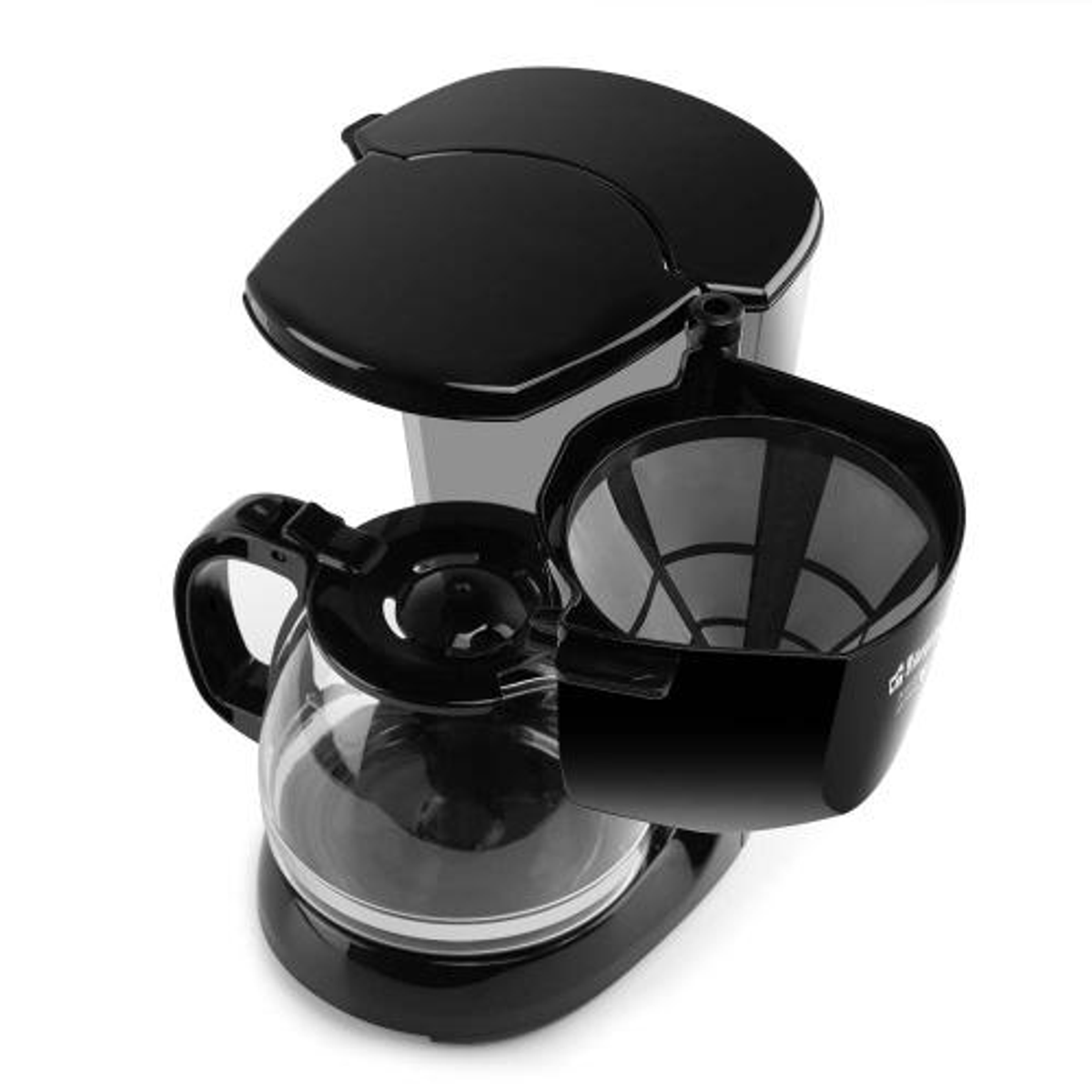 Ekspres do kawy z otwartą pokrywą i widocznym koszykiem na filtr.