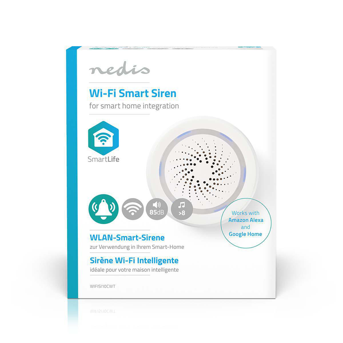 Una caja blanca con una sirena inteligente Wi-Fi. La caja tiene una imagen del producto y la marca.