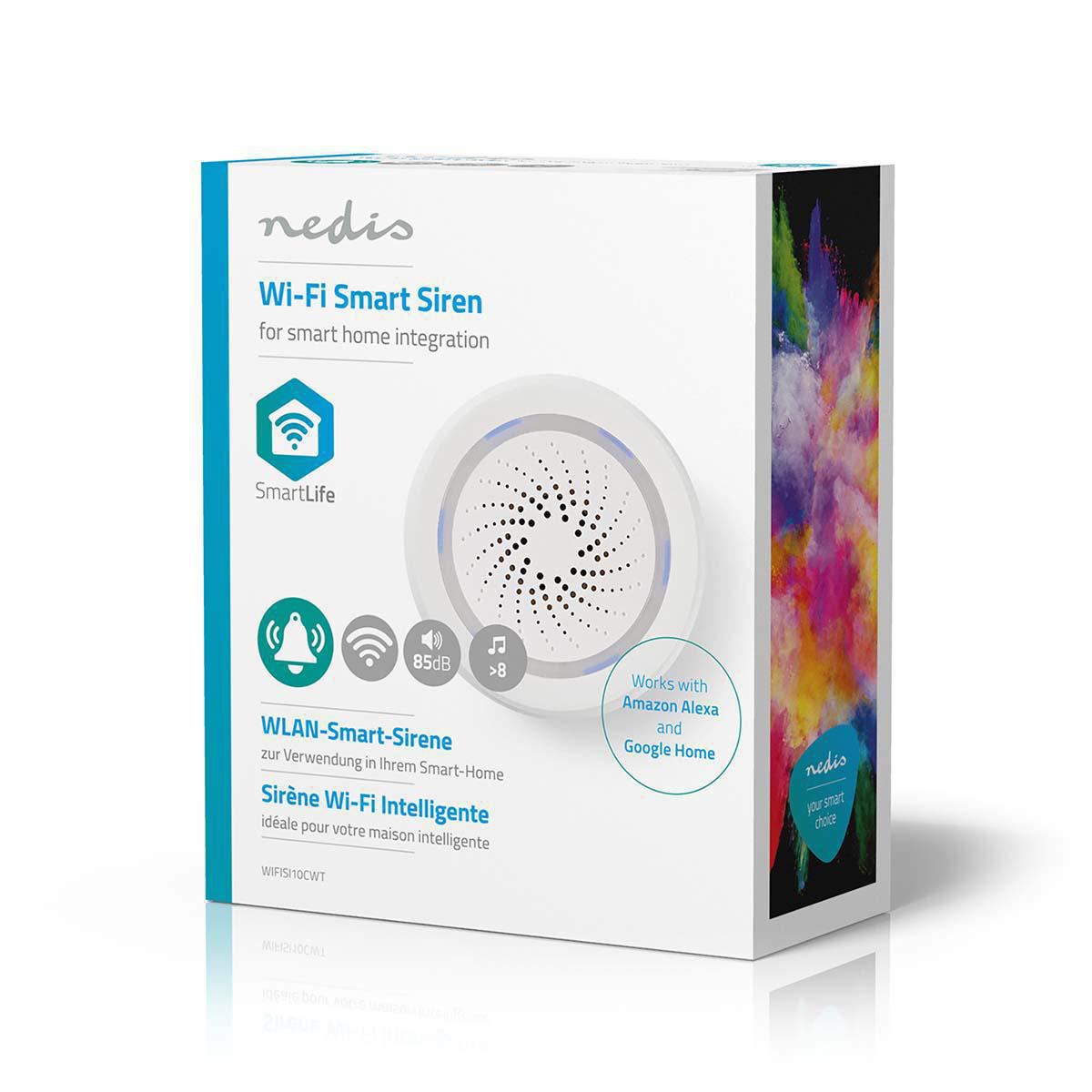 Una caja blanca de sirena Wi-Fi para el hogar inteligente con un logotipo de onda de sonido. Los textos incluyen la integración del hogar inteligente.