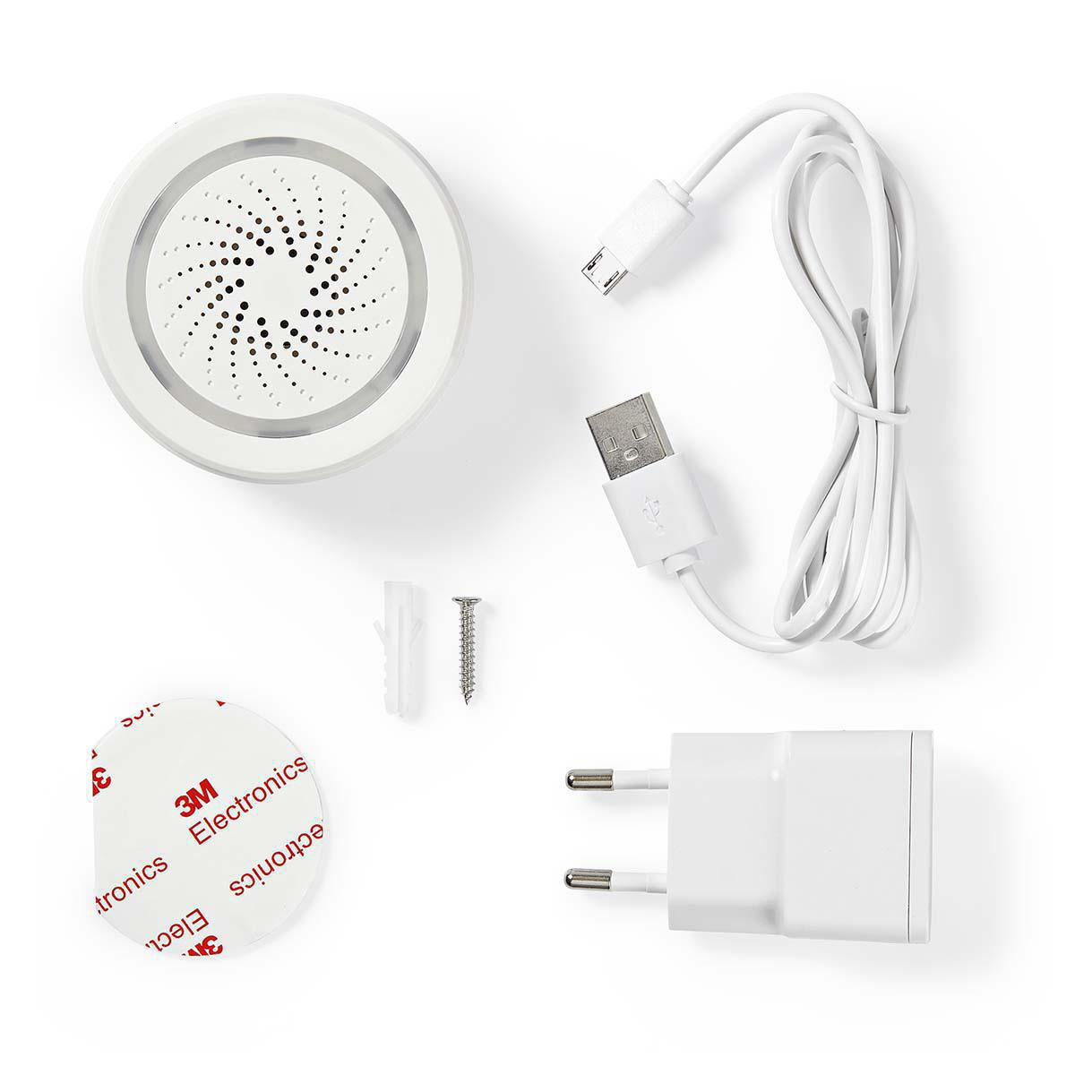 Dispositivo electrónico blanco con accesorios: cable USB, enchufe y pegatina.