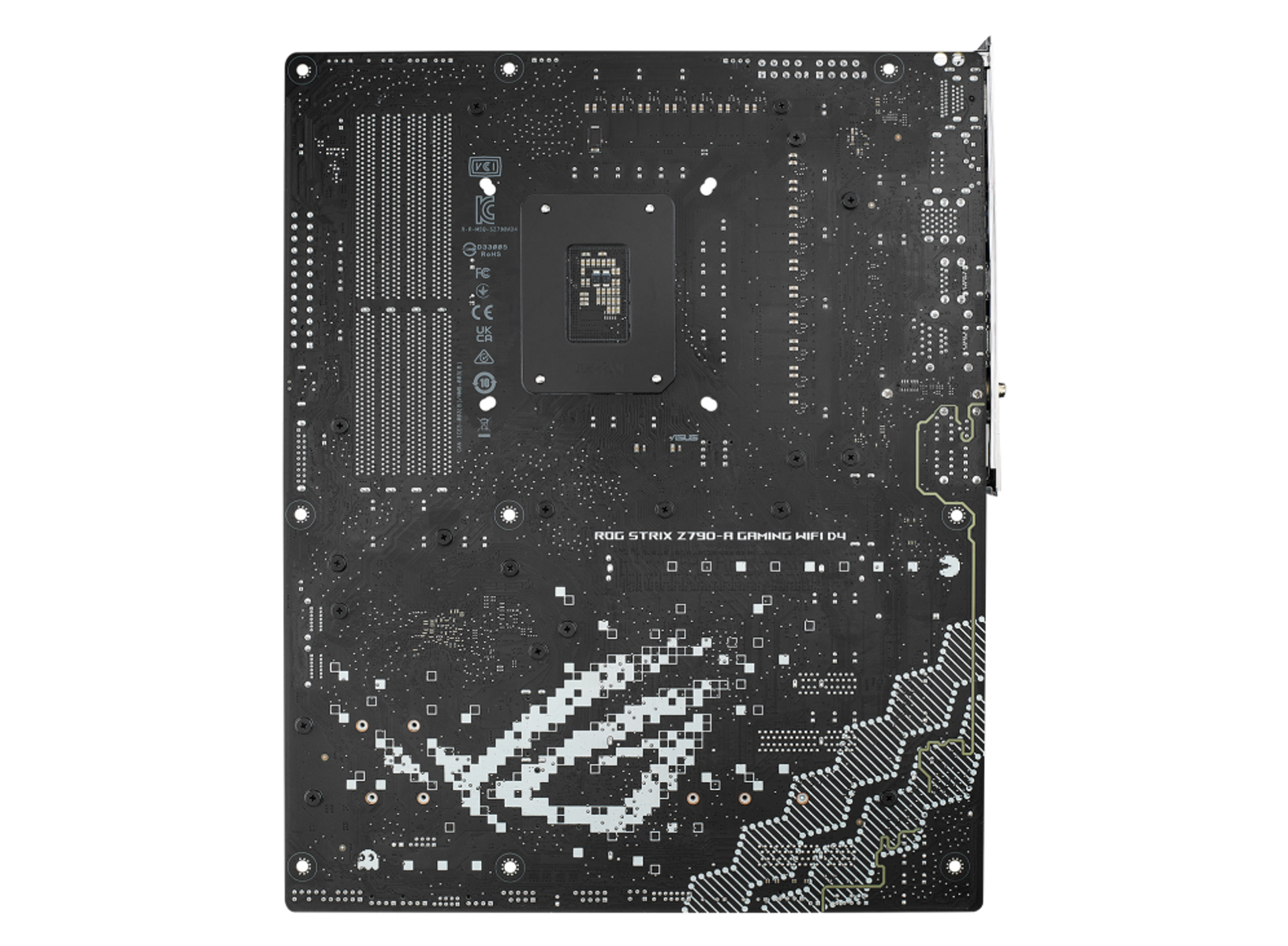 Retro di una scheda madre nera con il testo ROG STRIX e varie porte.