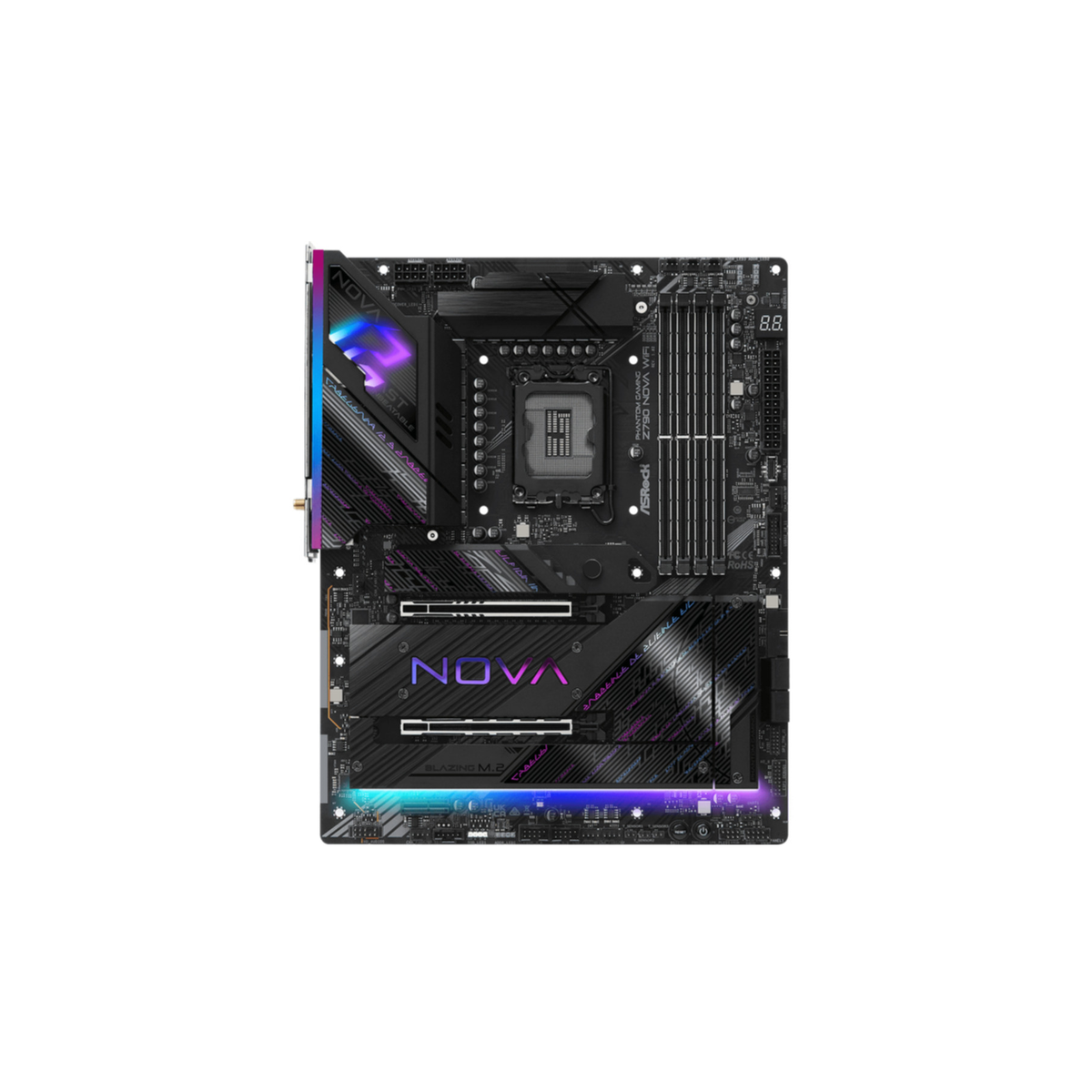 Una scheda madre con numerosi componenti, tra cui una CPU, slot di memoria e vari connettori.