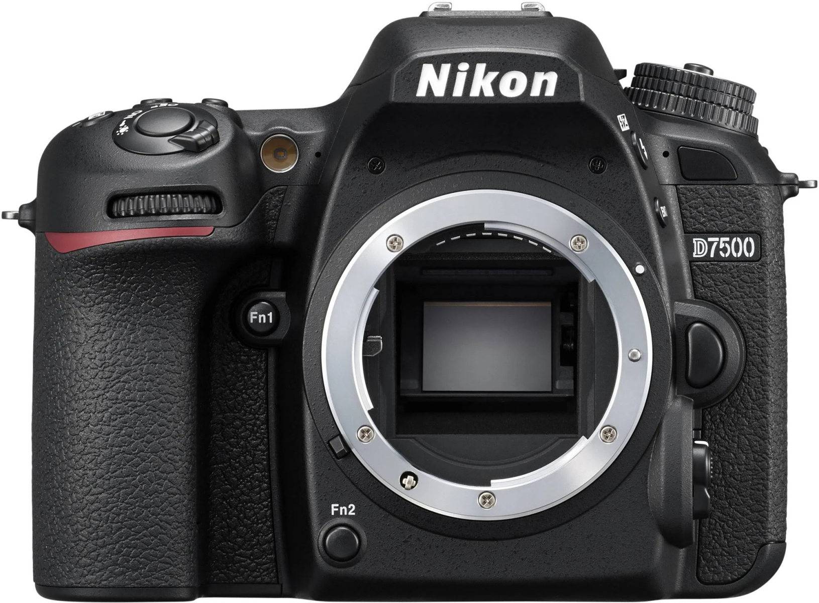 Una cámara negra Nikon D7500 con montura de lente. La cámara tiene botones y un visor en la parte superior.