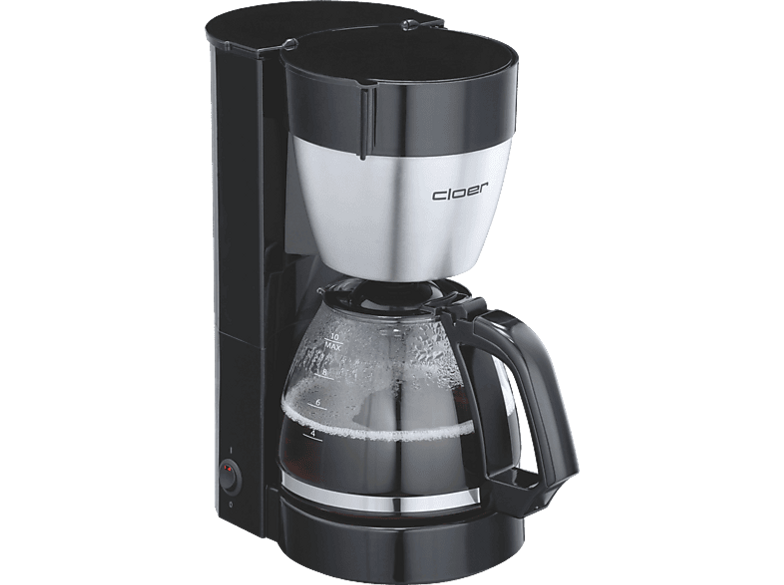 Czarno-srebrny ekspres do kawy ze szklaną karafką pełną kawy na czarnej powierzchni.