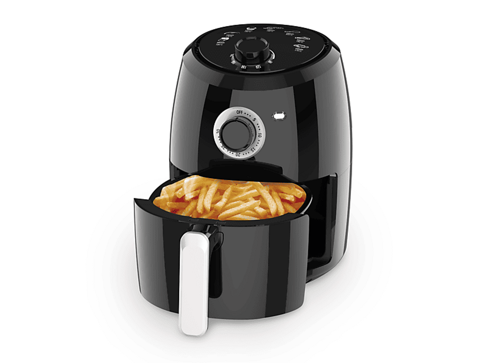 Zwarte airfryer met friet in de mand.