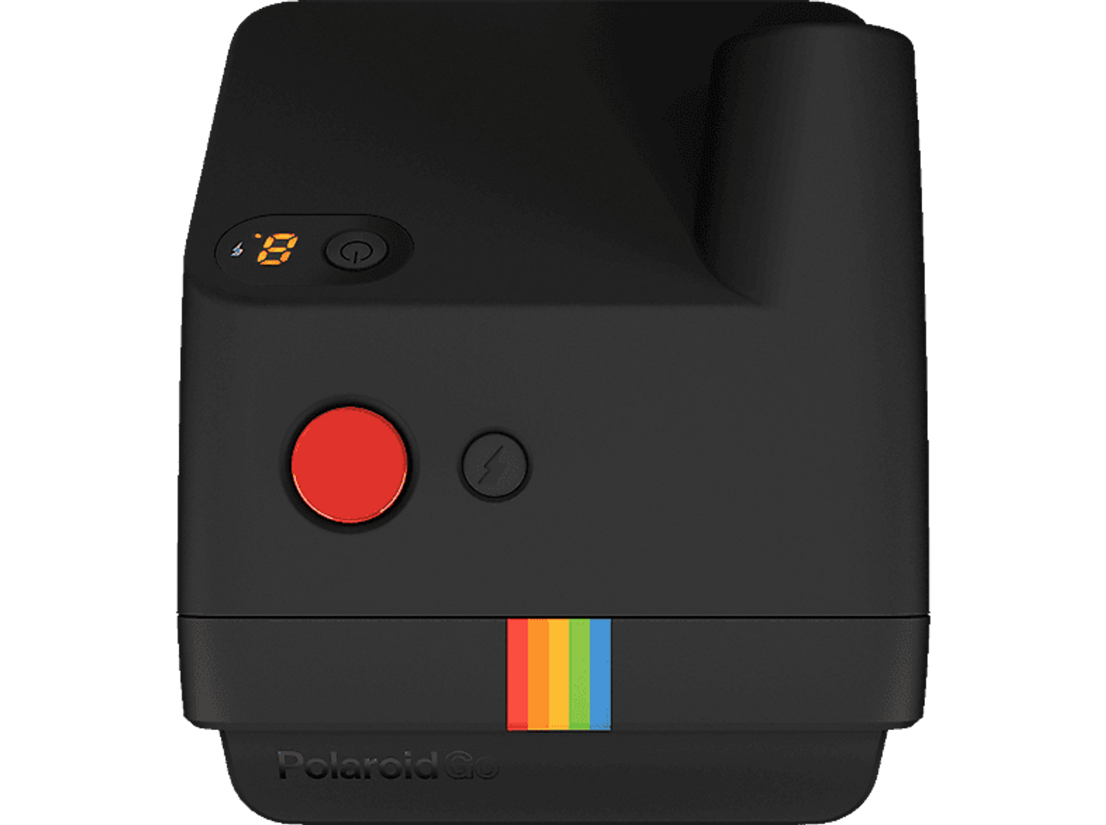Schwarze Polaroid Go Kamera, mit rotem Knopf, Einschaltknopf und Regenbogenstreifen.
