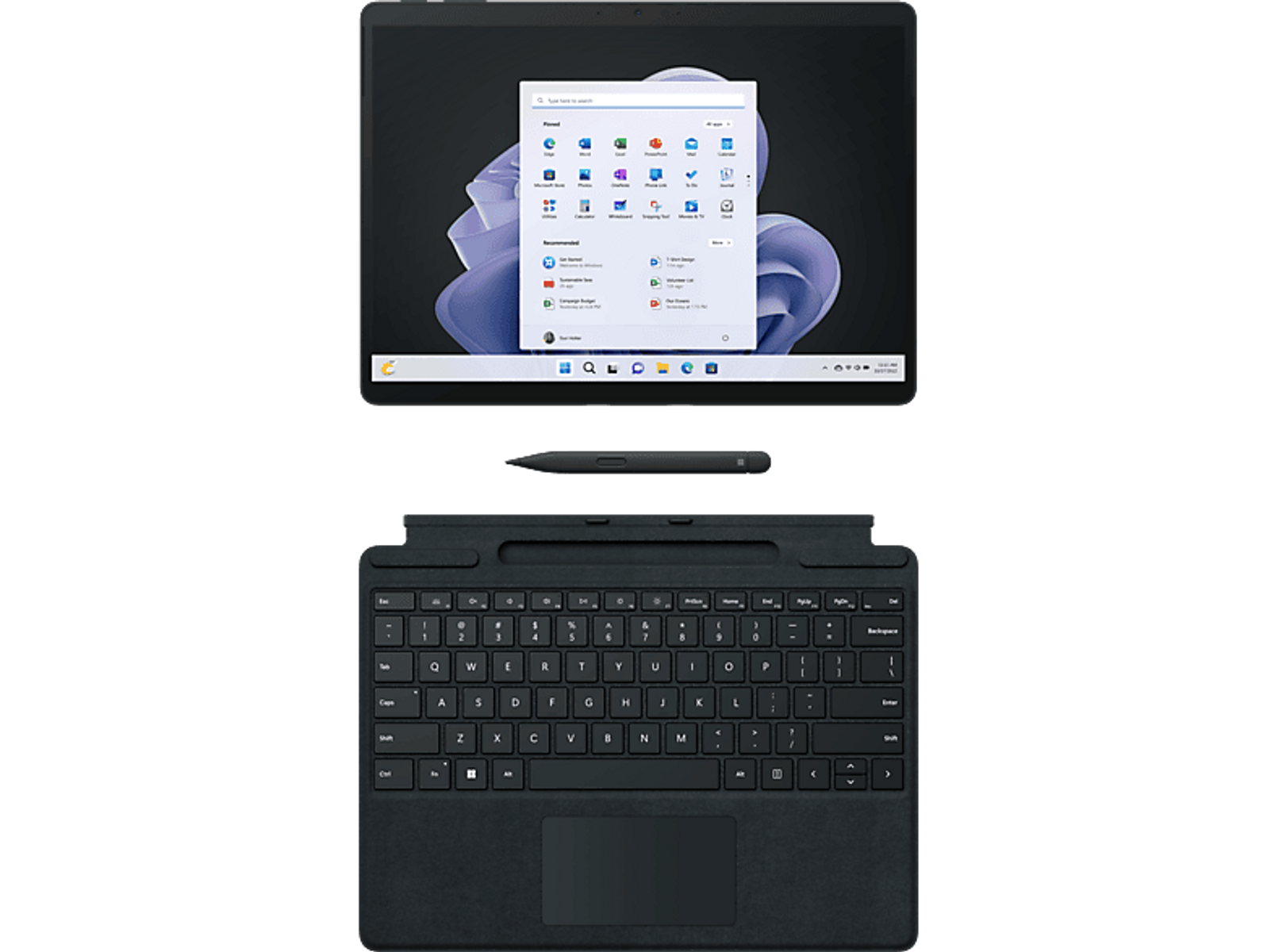 Un tablet nero con tastiera, stilo e uno schermo che mostra un'interfaccia.