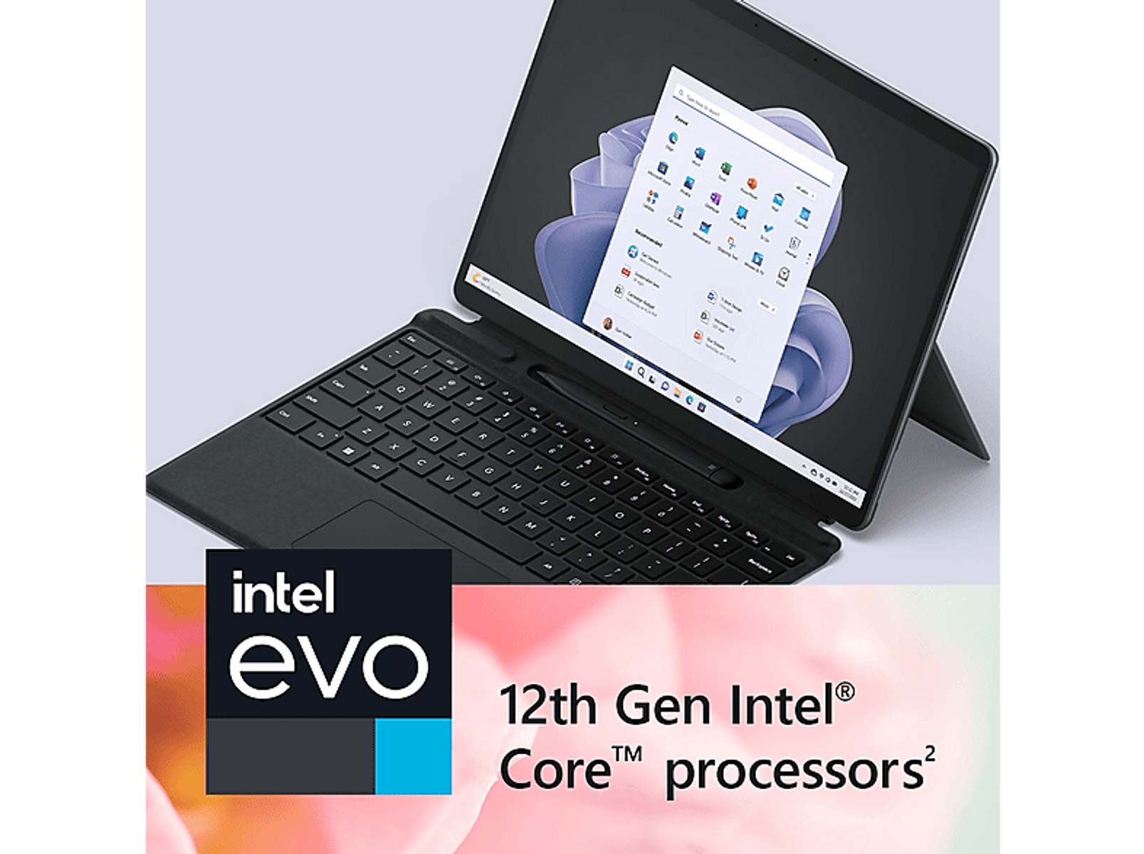 Laptop con tastiera e schermo che mostra l'interfaccia utente di Windows 9. Intel Evo e processori Intel Core di 12a generazione.