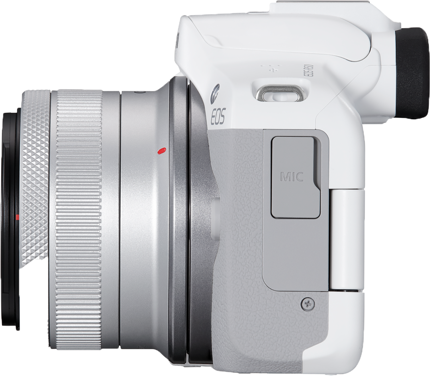 Biały aparat z dołączonym obiektywem, widok z boku, z widocznym portem mikrofonu.