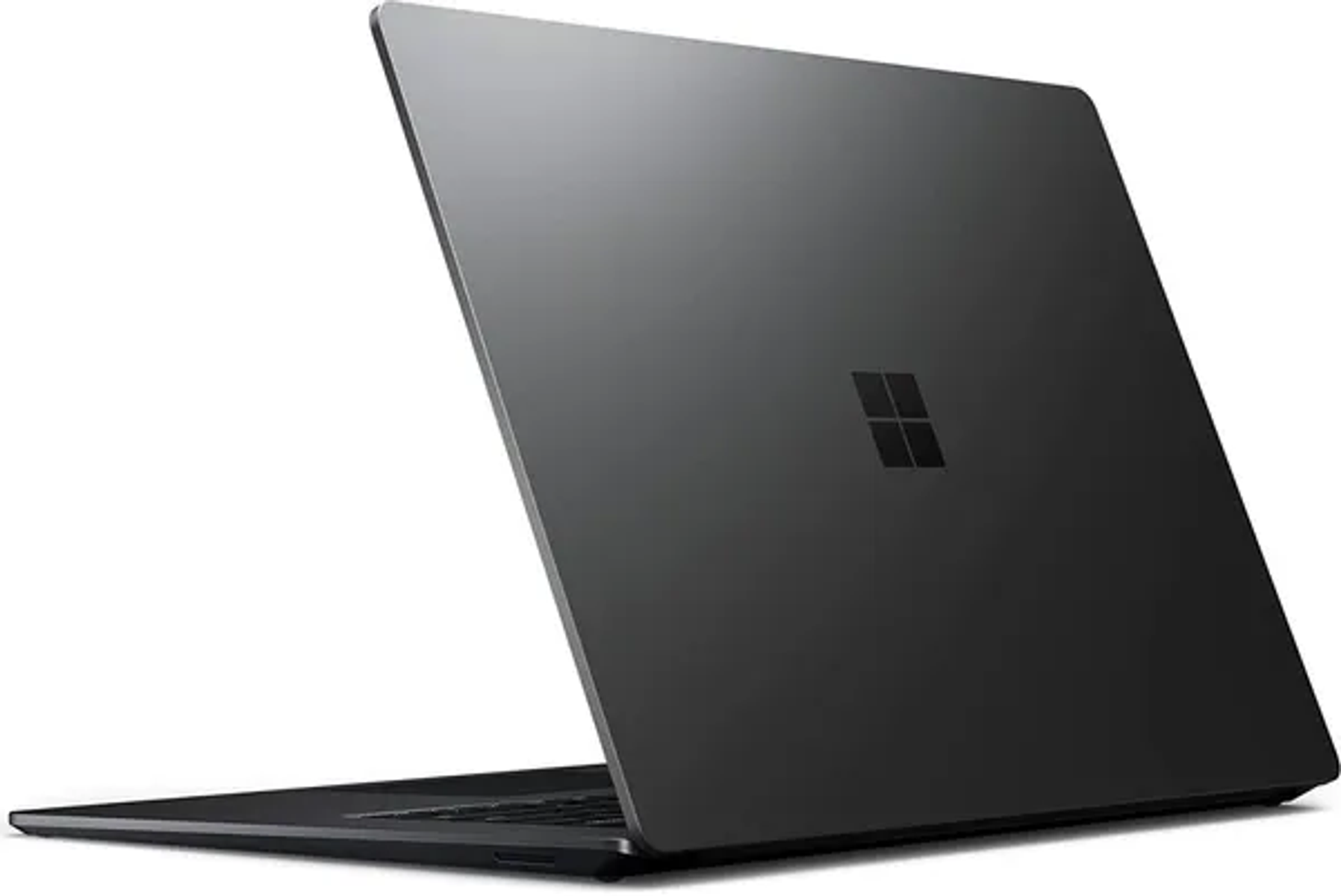 Schwarzer Laptop mit Microsoft-Logo, leicht geöffnet, von hinten betrachtet.