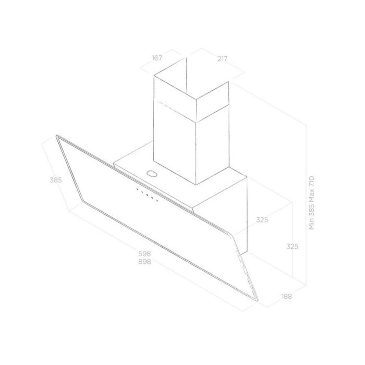 Disegno tecnico bianco di una cappa aspirante. Vengono mostrate le dimensioni.