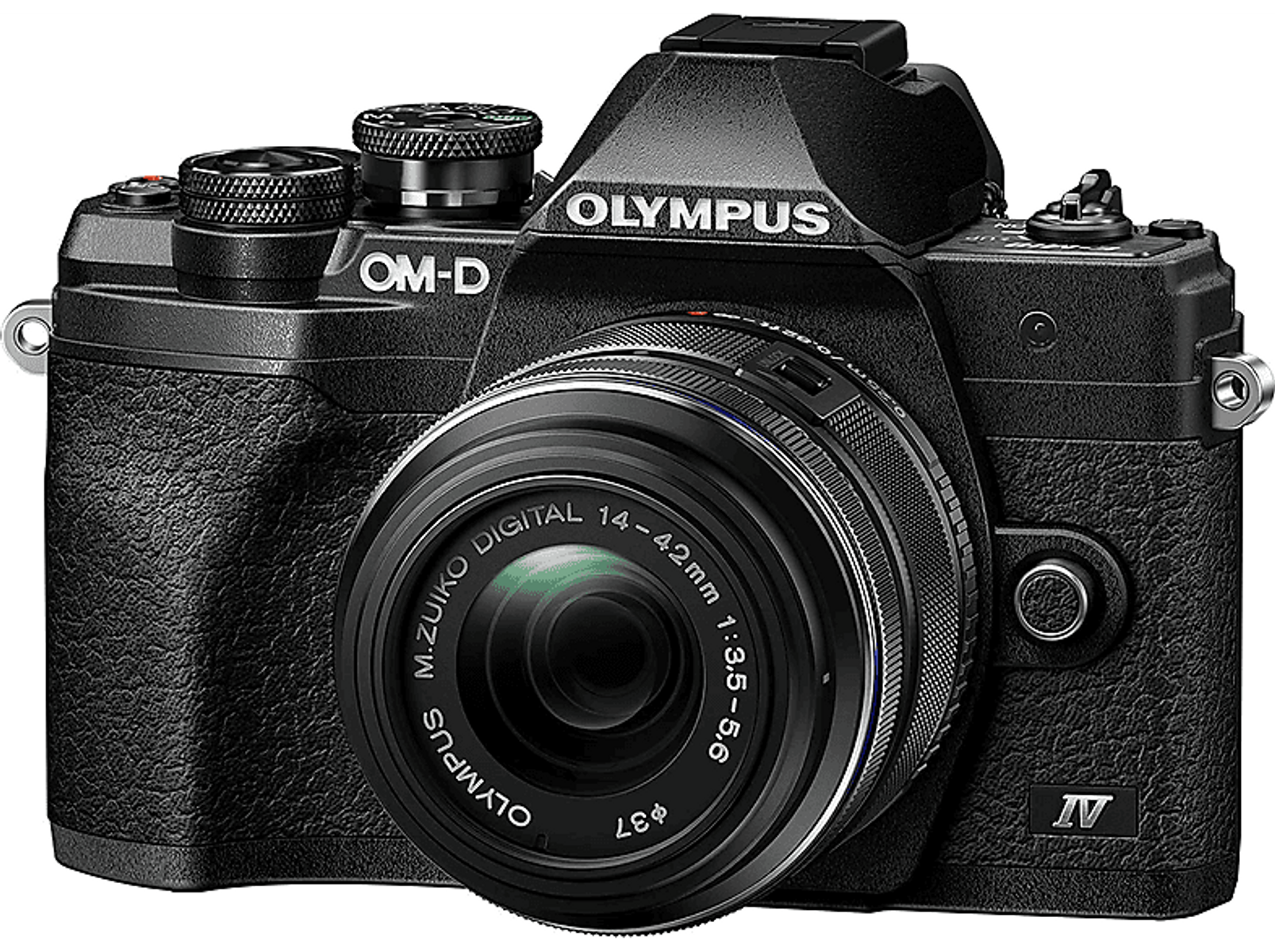 Schwarze Olympus OM-D Kamera mit Objektiv. Die Kamera hat einen strukturierten Griff.