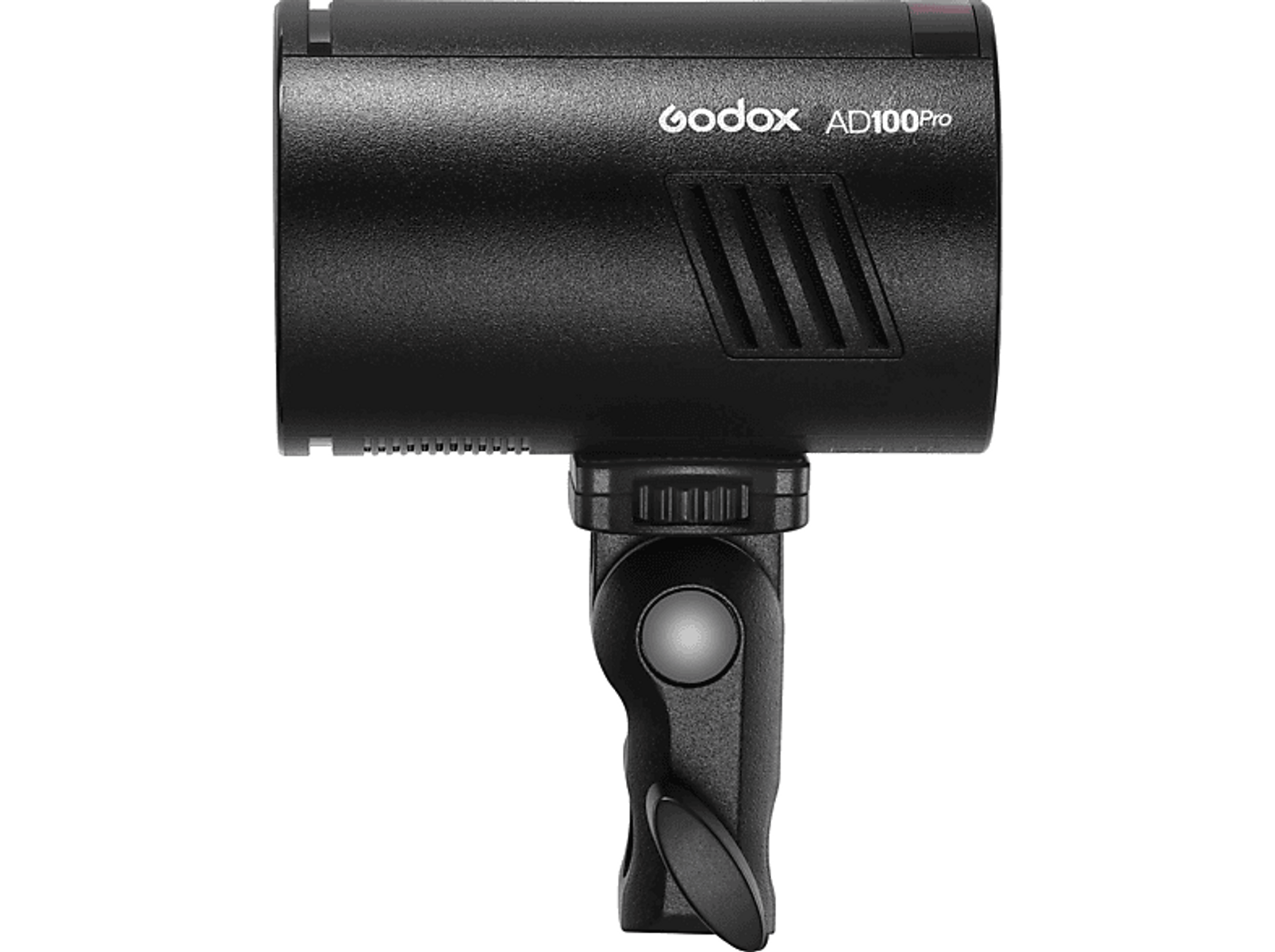 Lampa błyskowa Godox AD100Pro, czarna, na białym tle. Widok urządzenia pod kątem. Widoczne logo Godox.