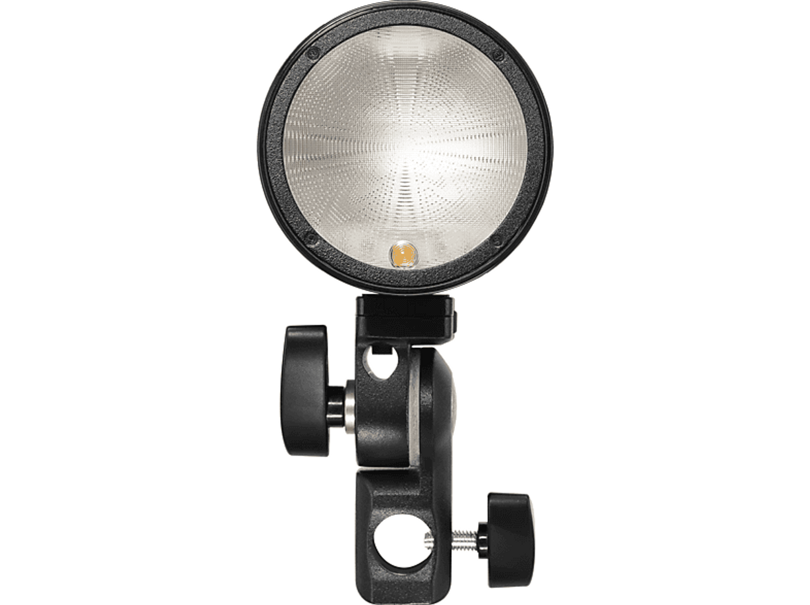 Czarne światło z okrągłym światłem w środku. Jest zamontowane na czarnym wsporniku z pokrętłami.