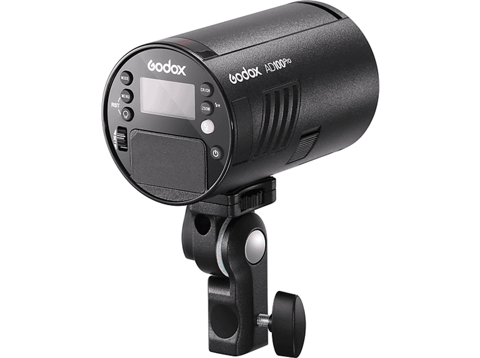 Czarna lampa błyskowa z ekranem, zamontowana na statywie.