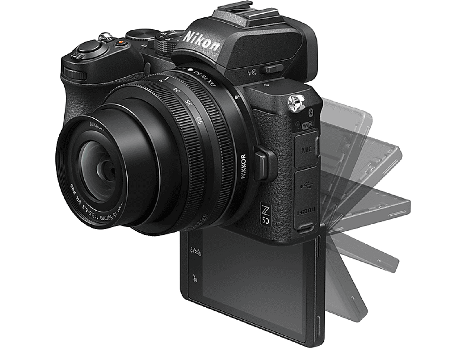 Eine schwarze Nikon Z 50 Kamera mit Objektiv und einem neigbaren Display.