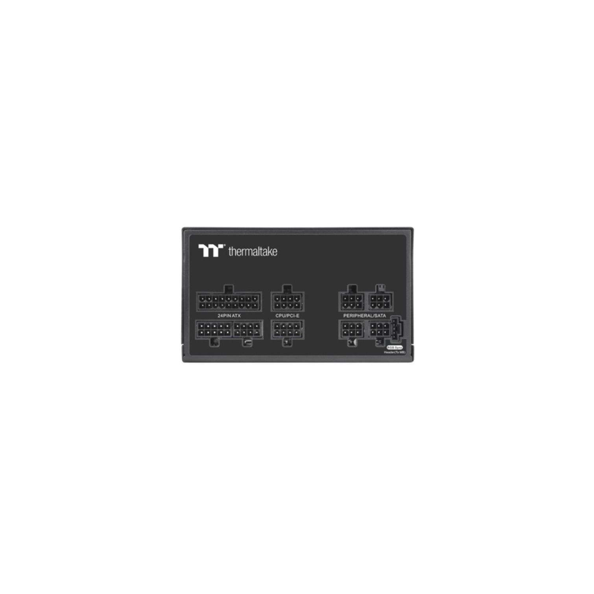 Black Thermaltake power supply unit with multiple ports. White background.