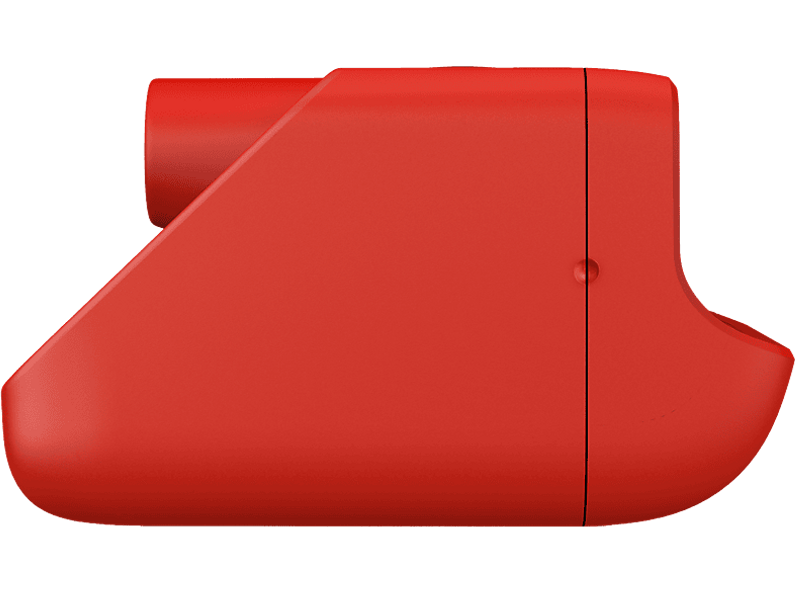 Una cámara roja con diseño curvo, aislada sobre fondo negro.
