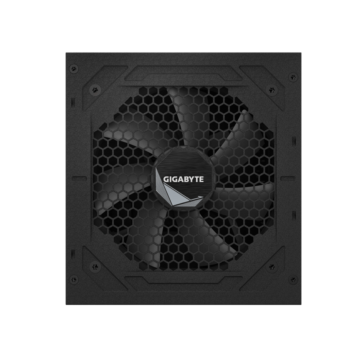 Fuente de alimentación de ordenador negra con ventilador y el logotipo de Gigabyte en el centro.